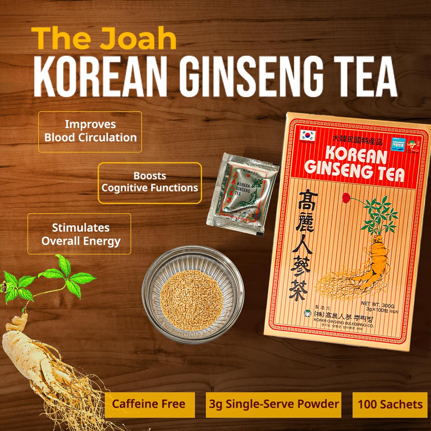 Korean Ginseng Tea - Caffeine Free, 3g Single-Serve Powder 100 Sachets, Improves Blood Circulation, Intellectual Performances and Memory, stimulates Energy - Image 3