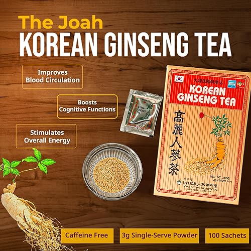 Miniatura 3 de Té coreano de ginseng Sin cafeína, 0.11 oz en polvo de una sola porción 100 bolsitas, mejora la circulación sanguínea, el rendimiento intelectual