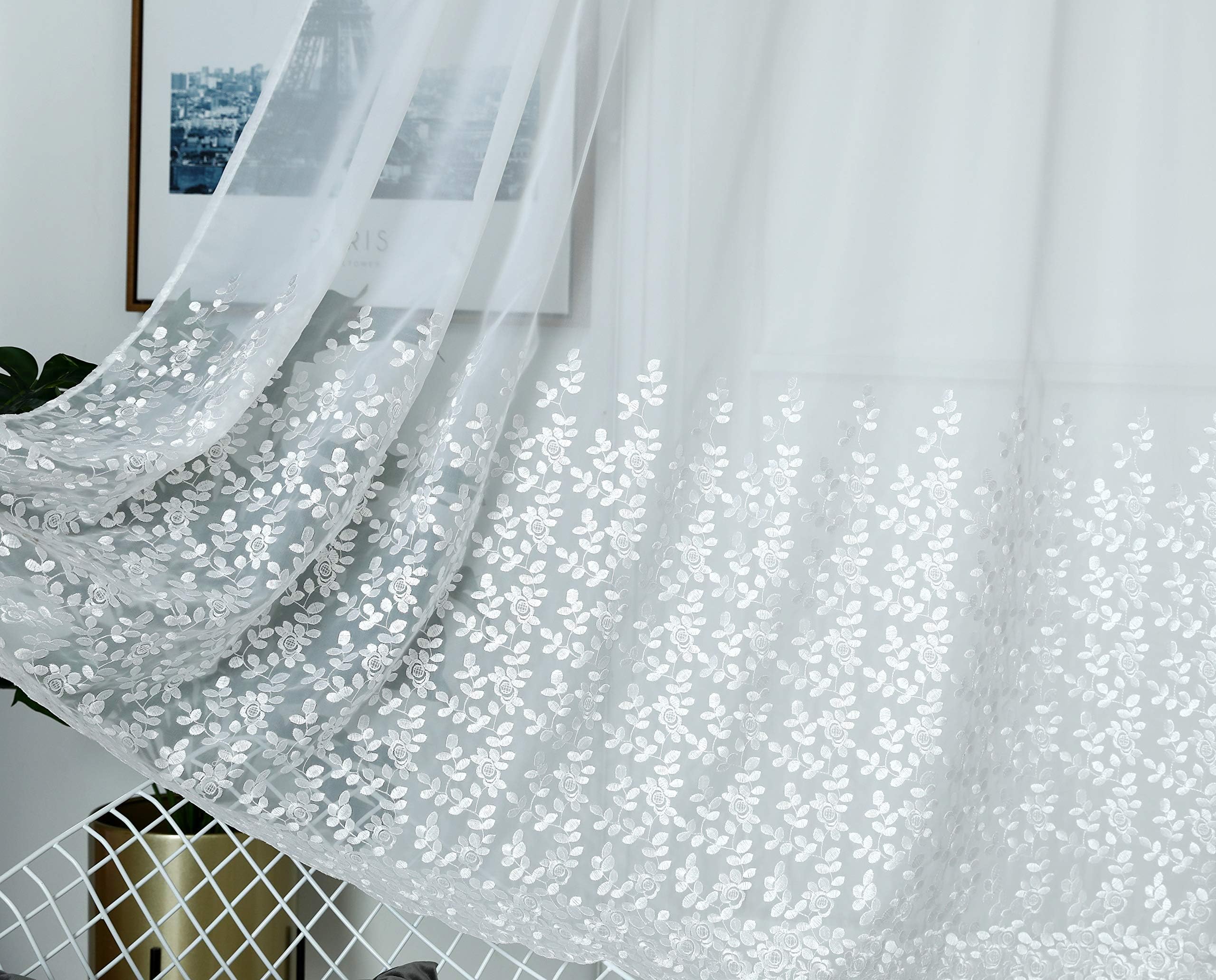 Amania Trading Ltd MILLY Leaf Embroidered Voile Net Curtain Slot Top Single Panels WHITE 72" (183cm) Drop