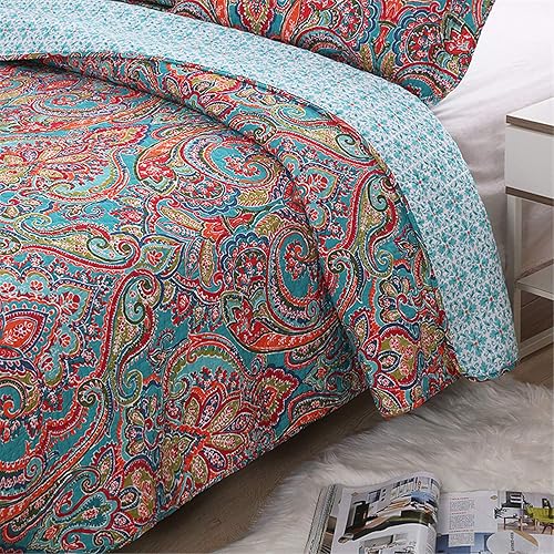 Miniatura 4 de Jacquard estilo algodón 3 piezas patchwork colcha Boho edredón juegos Queen (rojo)