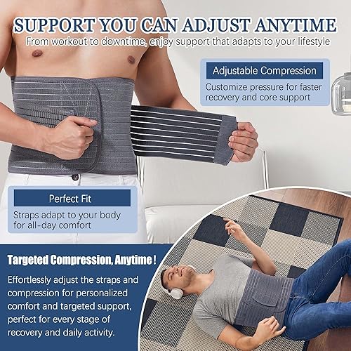 Miniatura 4 de Reian Carpeta abdominal para hombres  Soporte poscirugía y estabilidad central, envoltura de compresión ajustable (gris, mediana)