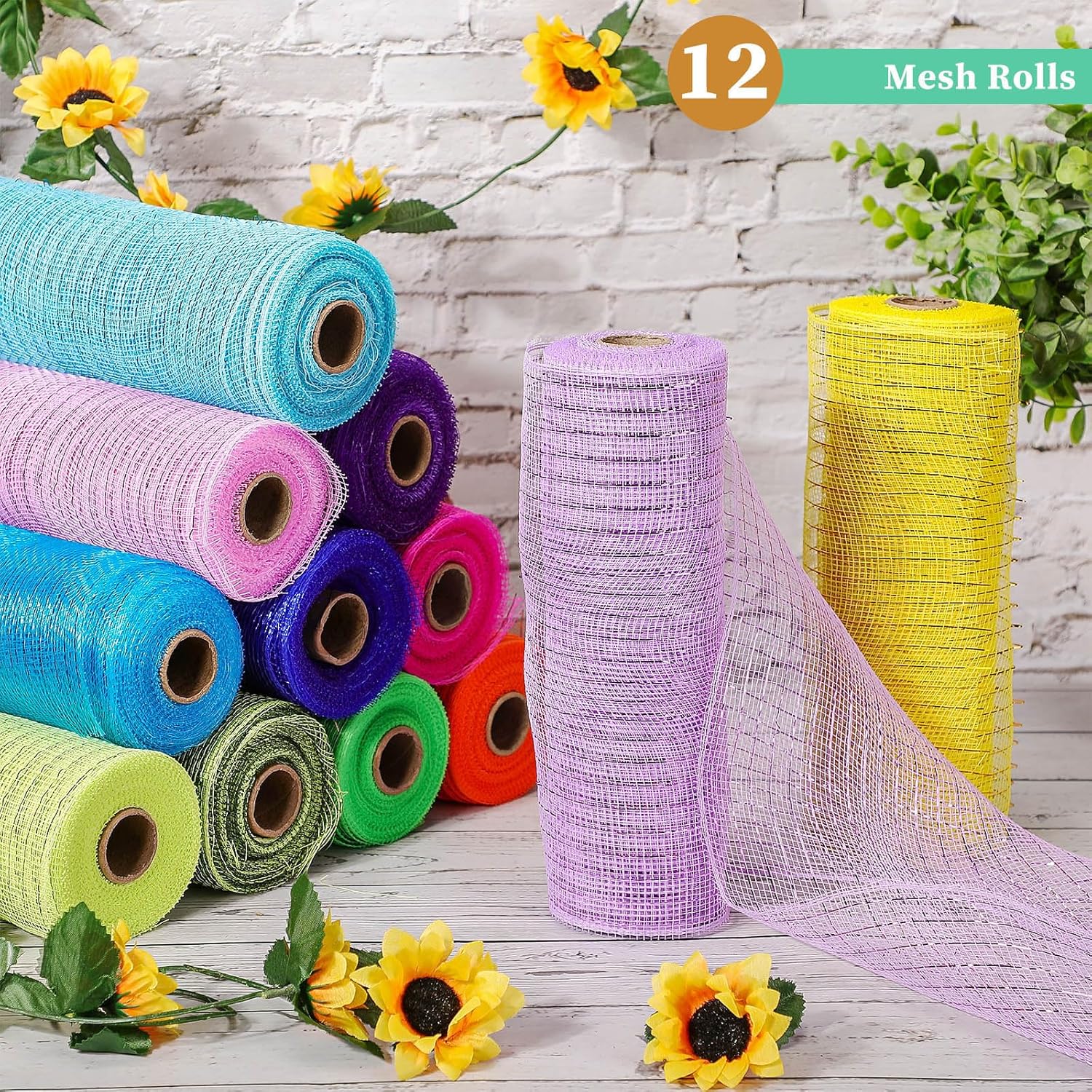 Timgle 12 Rolls Easter Deco Mesh Ribbon for Wreath Making 6 Inch x 30 Feet Each Roll Poly Metallic Foil Deco Mesh Ribbons for DIY Crafts Easter Christmas Spring Summer Party Decor(Bright Color)