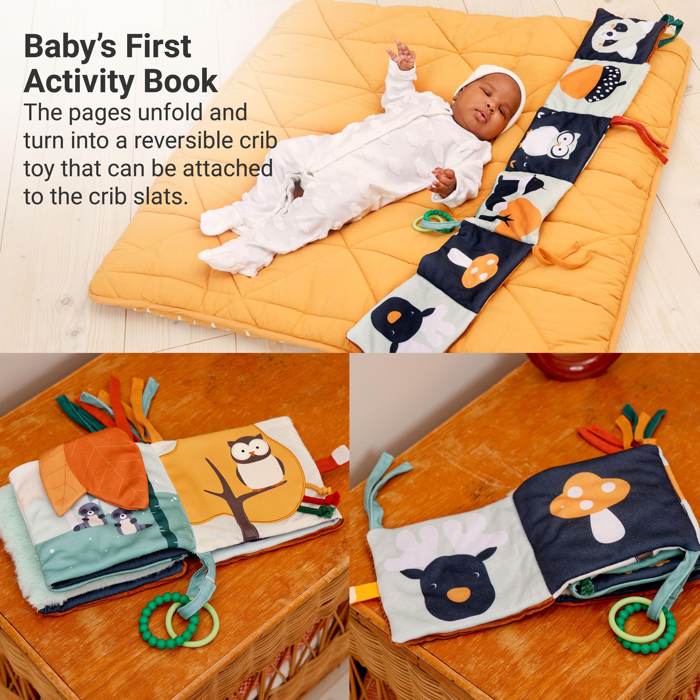 Little Big Friends Soft Activity Book 2 in 1 | Multipurpose Developmental Toy | Easily attaches to Crib | Teething Ring | Forest