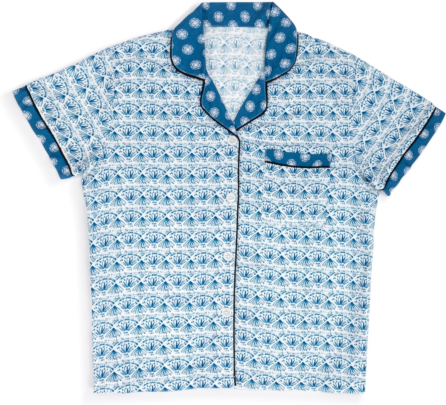 DEMDACO Indigo Blue Blooming Flower Mosaic Pattern Women's Soft Knit Rayon Blend Short Sleeve Button-Up Top & Drawstring Shorts, 2 Piece Pajama Set, X-Large - Image 3