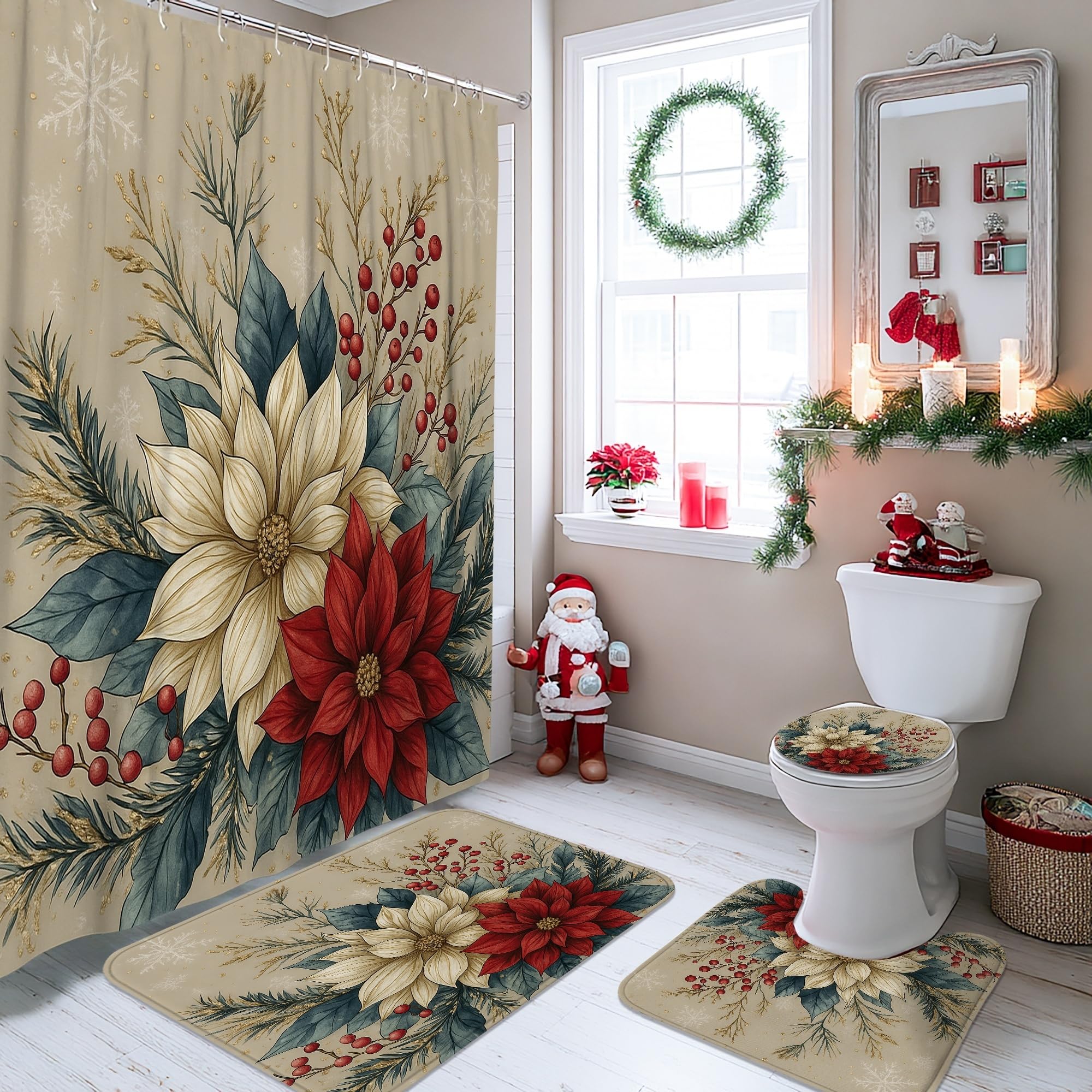 Set di 4 tende da doccia con motivo floreale, tappeto da bagno con motivo floreale rosso e crema, accessori per la decorazione del bagno, tenda da doccia moderna in tessuto impermeabile verde