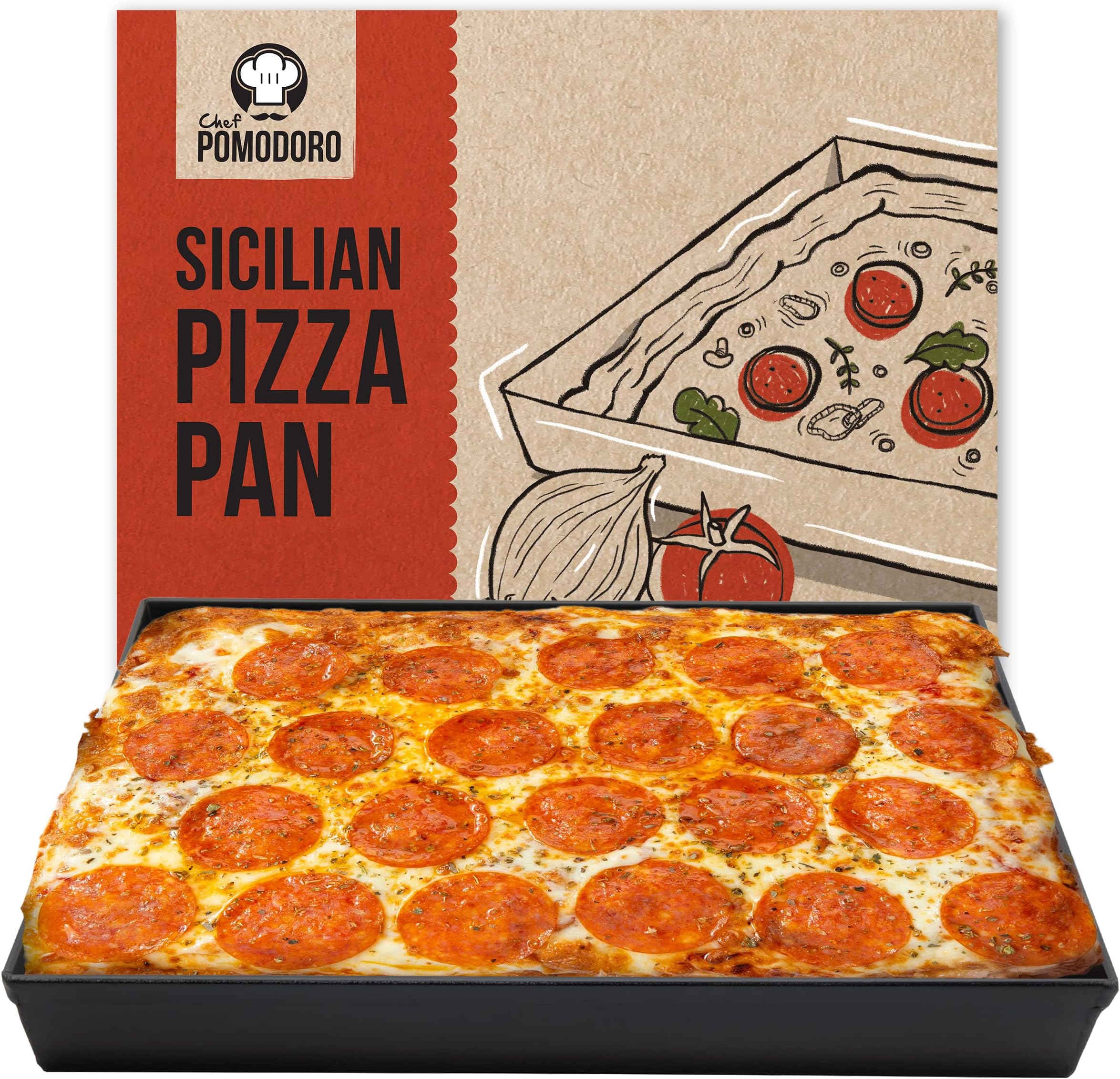 Chef Pomodoro Sicilian Deep Dish Square Pizza Pan, 13.2 x 13.2 x 1.5 Inch, Non-Stick Aluminum, Focaccia Crust, Dough Pre-Seasoned Bakeware Kitchenware