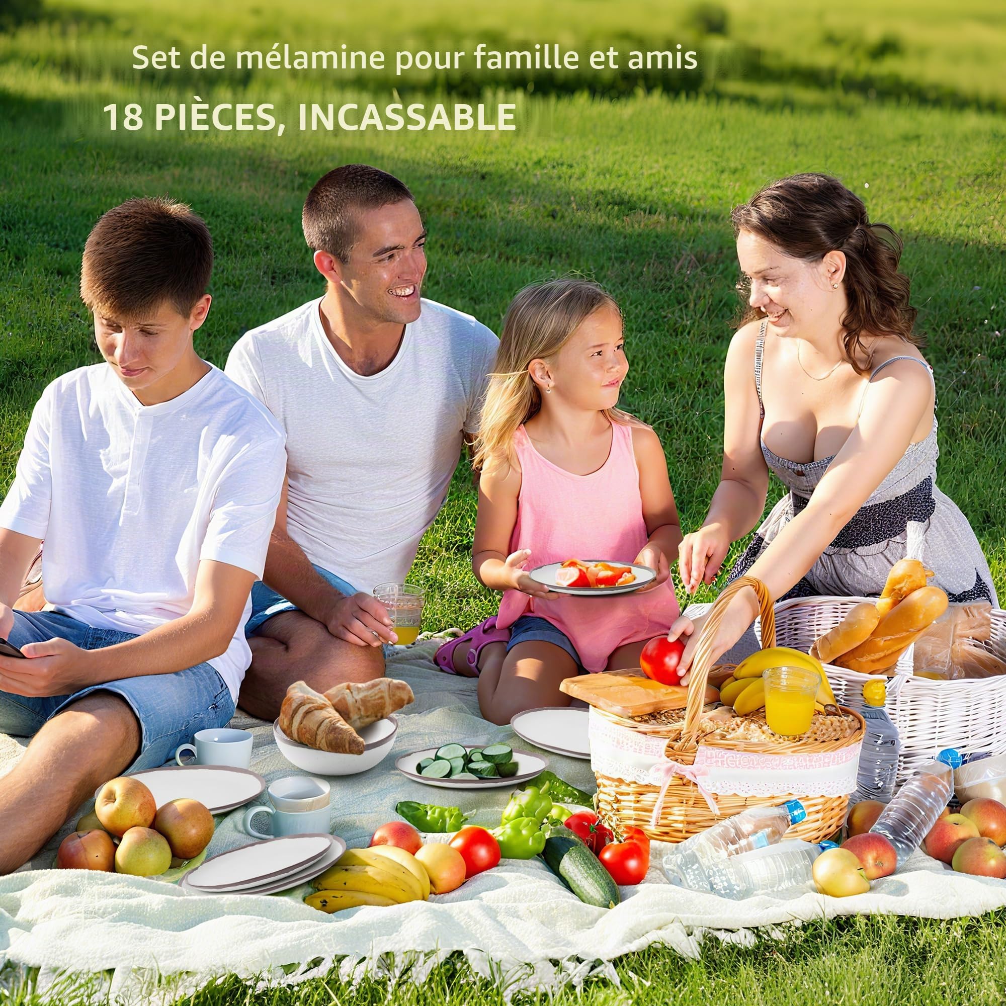 Service de table de camping pour 6 personnes, 18 assiettes en mélamine au design vintage, service combiné d'extérieur pour fête de jardin, pique-nique et caravane, service de table pour 6
