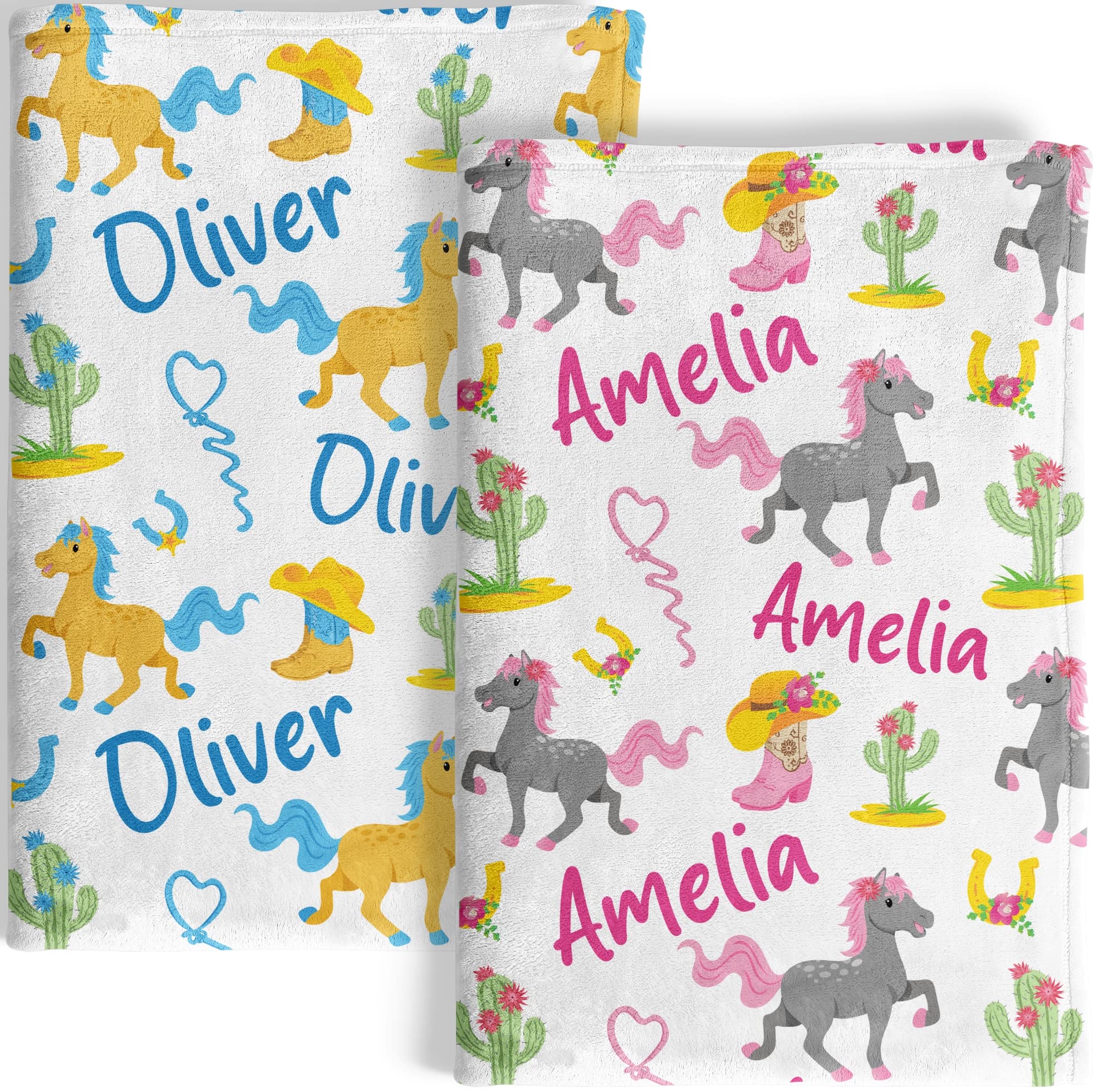 Western Personalized Baby Blankets for Girls and Boys with Name and Horse, Cactus, Horseshoe and Cowboy Boots - Texas Customized Blankets for Baby Shower, Birthday, Christmas - Personalized Baby Gifts