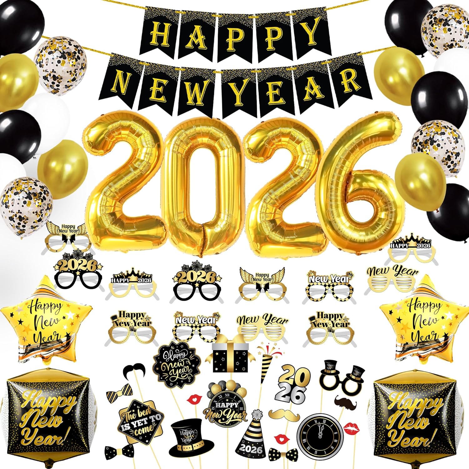 KatchOn, Pack of 88, New Years Eve Party Supplies 2026 | Black and Gold Happy New Year Banner with 2026 New Years Glasses | New Year Photo Booth Props | NYE 2026 Glasses | NYE 2026 Decorations