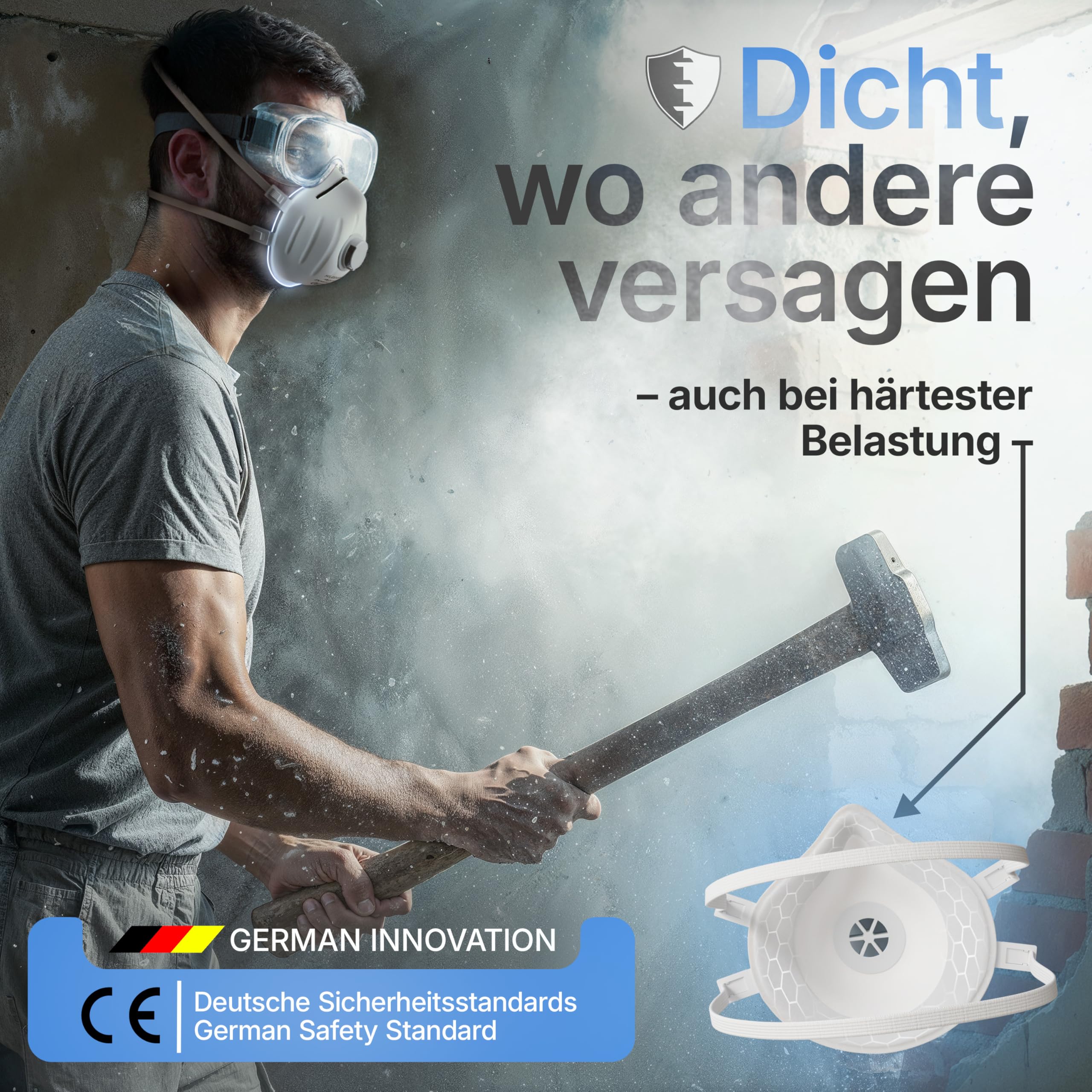 HELDENWERK Máscara FFP3 con válvula – Juego de 5, 10 o 20 unidades – Mascarilla respiratoria/antipolvo certificada válvula de exhalación – Máscaras antipolvo con banda trasera ajustable (20 unidades)