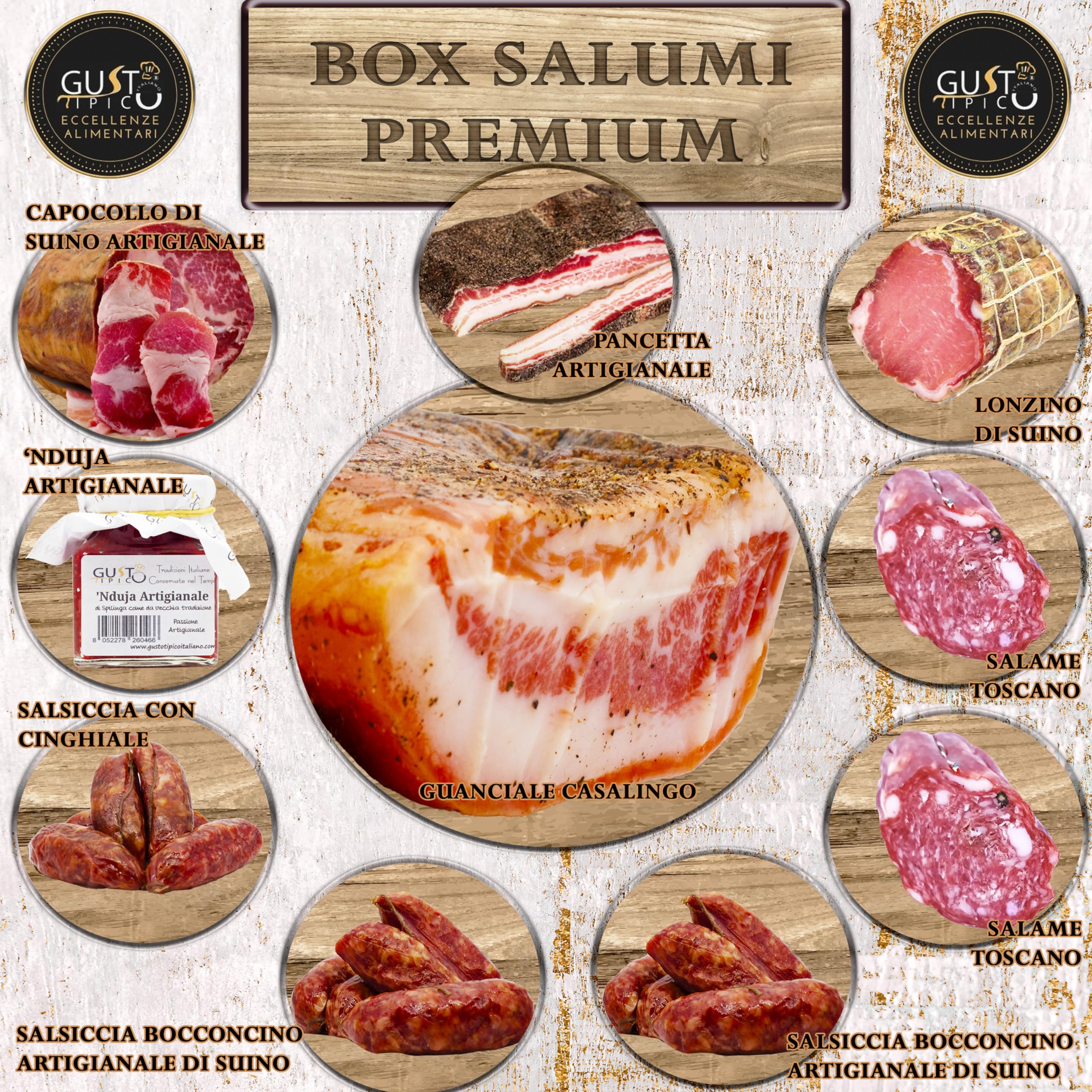 Gusto Tipico Italiano Cesta Salumi | Cesti Salumi Artigianali | Cesta Natale, Cesti Natalizi Alimentari Salumi | Cesto Natale Salumi, Cesta Regalo Natale (PREMIUM - COMPLETA)