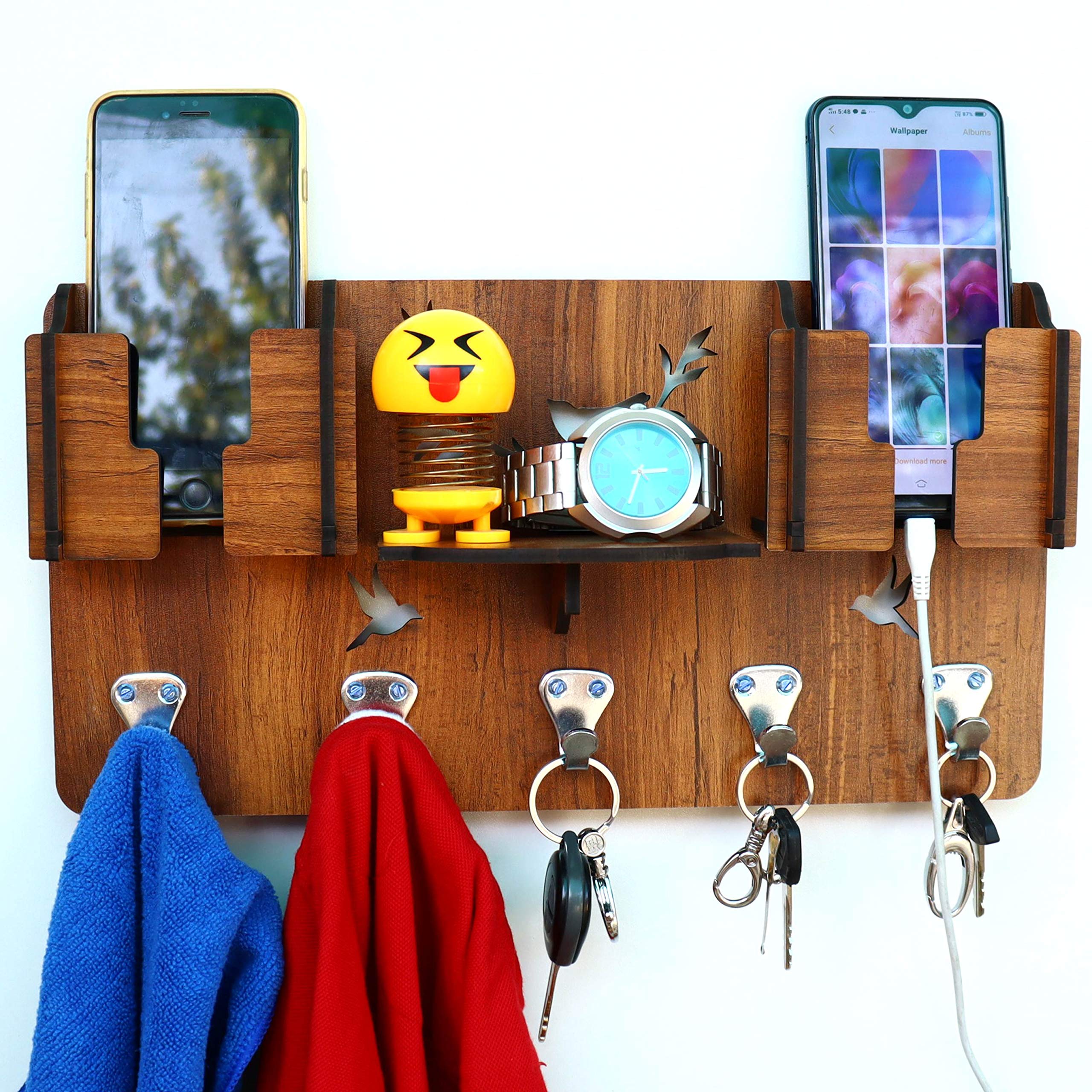 US DZIRE 803 Wooden Mobile Charging Wall Mount Holder with Shelf, Key, Cloth Hanger, Multi-use for Goggle Watch Wallet Purse Shelves.(Beige)-image-33