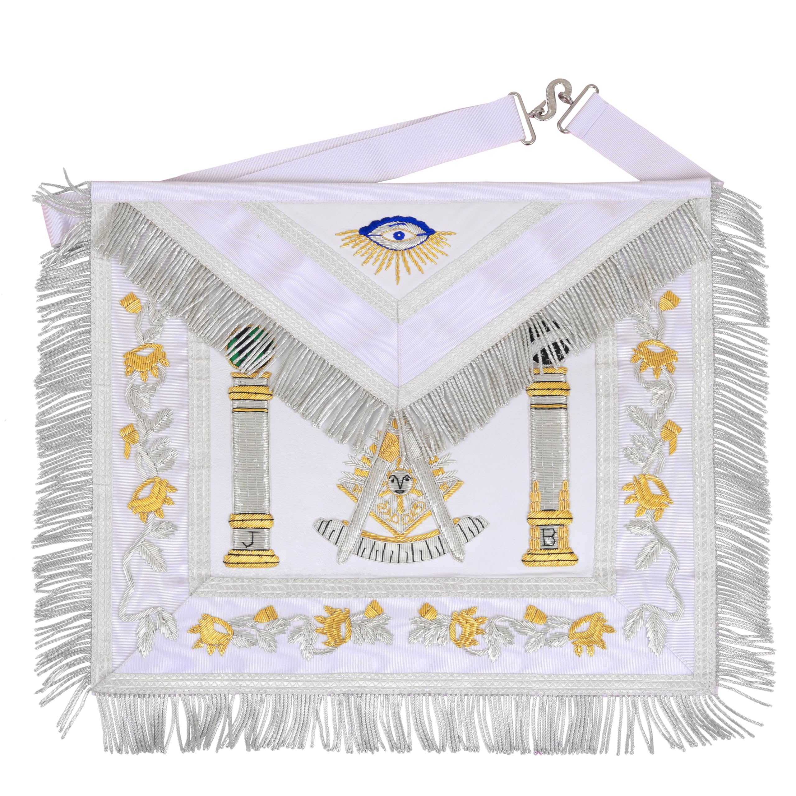 Masonic Past Master Emblem & Pillars Sheepskin Apron - Hand-Embroidered, All-White & Gold Design