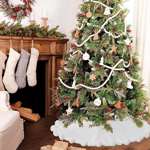 Miniatura 3 de ORTIGIA Falda blanca para árbol de Navidad de 48 pulgadas con POM POM, falda de árbol de Navidad de felpa suave de piel sintética blanca para árbol