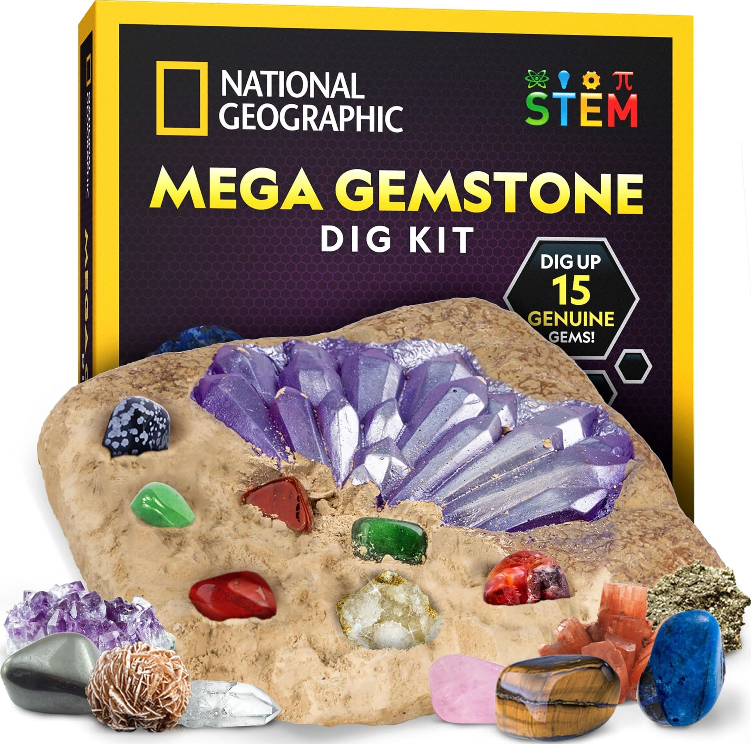 NATIONAL GEOGRAPHIC Mega Gemstone Dig Kit – Dig Up 15 Real Gemstones and Crystals, Science Kit for Kids, Gem Digging...