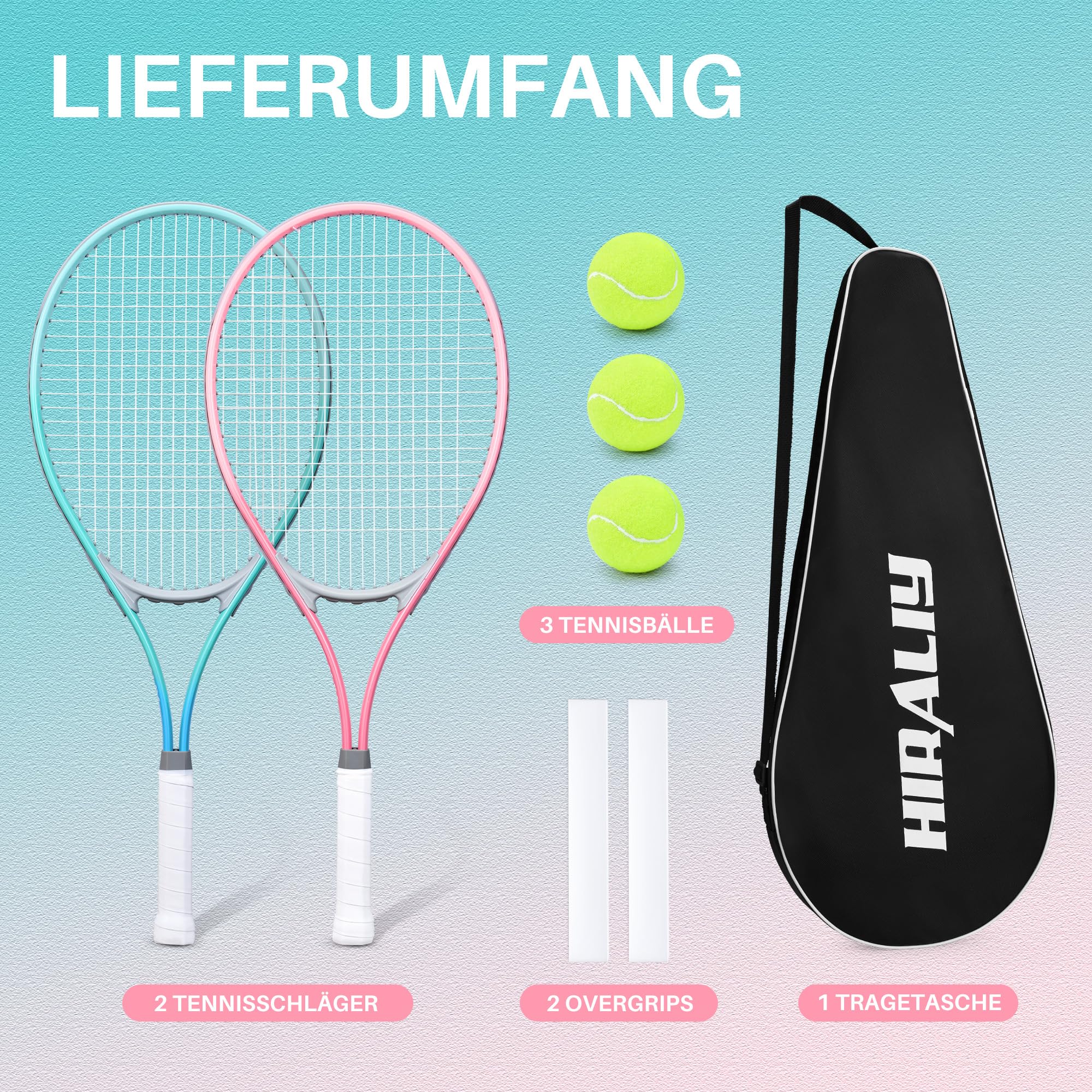 HIRALIY Tennisschläger-Set für Erwachsene, 68,6 cm, vorbespannte Tennisschläger für 2 Spieler, 2 Overgrip-Bänder, 3 Bälle und 1 Tragetasche, Outdoor-Freizeitsport für Anfänger
