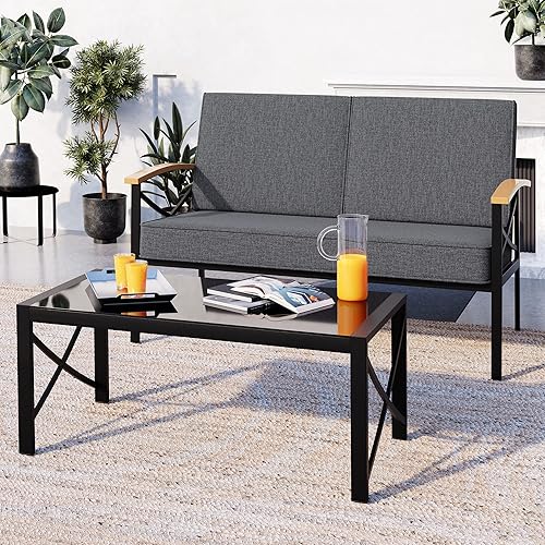 JAMFLY Juego de muebles seccionales de metal para exteriores de 2 piezas, moderno sofá biplaza de metal para exteriores, juego de muebles de