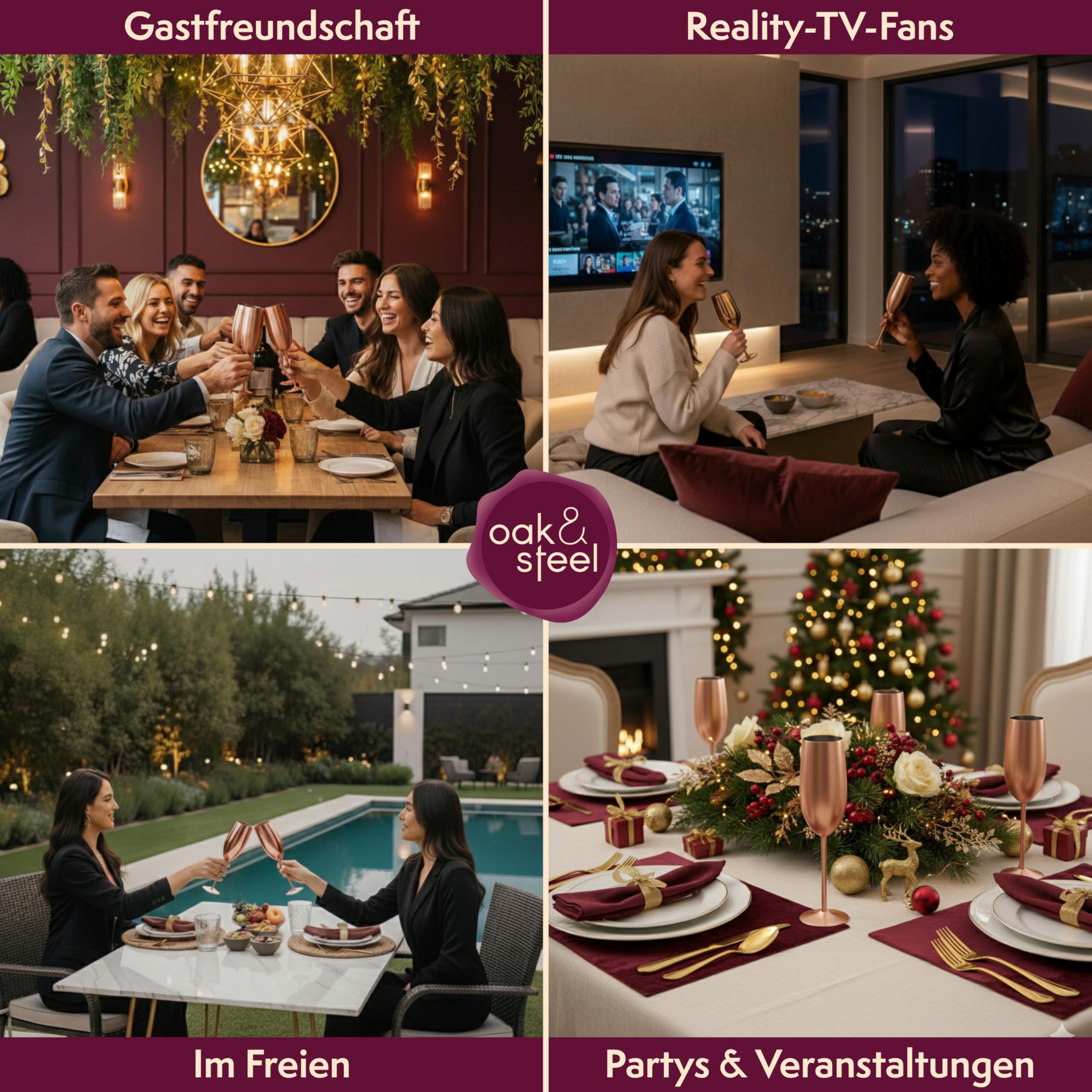 Oak & Steel - 4 Edelstahl Sektgläser (285ml), Champagner & Prosecco Gläser - Matte Roségold/Kupfer - Robust & Unzerbrechlich - Geschenkset für Geburtstage & Weihnachten