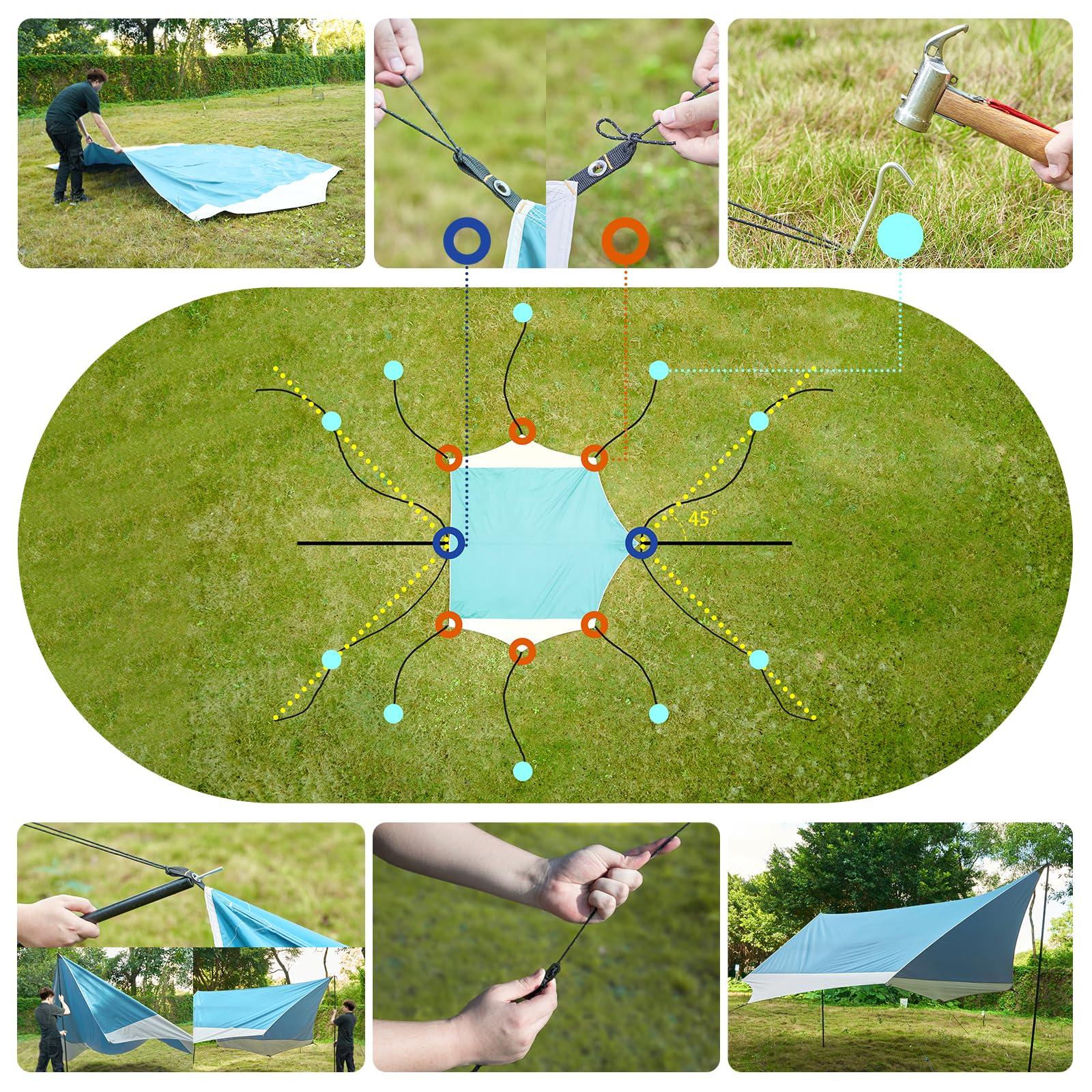 Bâche de Camping avec 2 poteaux,bâche imperméable PU2000+, UPF 50+, revêtement argenté, Toile imperméable avec œillets pour Camping, Backpacking, randonnée