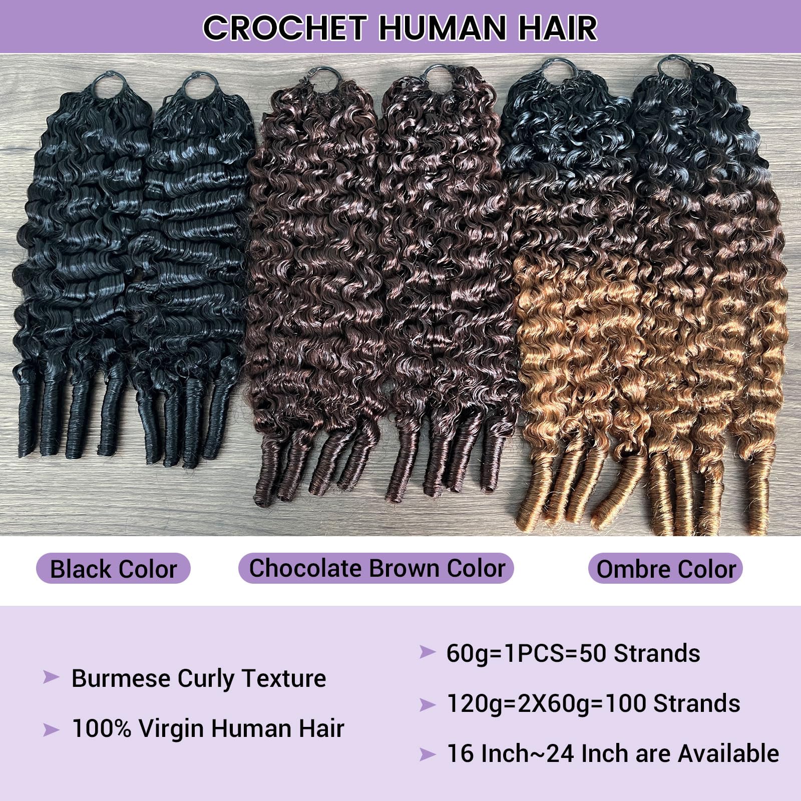 Lot de 50 crochets bouclés à plumes bouclées birmanes - Cheveux humains - Réutilisables - Sans nœuds - Invisible - Préséparés - 61 cm - 60 g - 50 supports pour tresses bohème - Marron