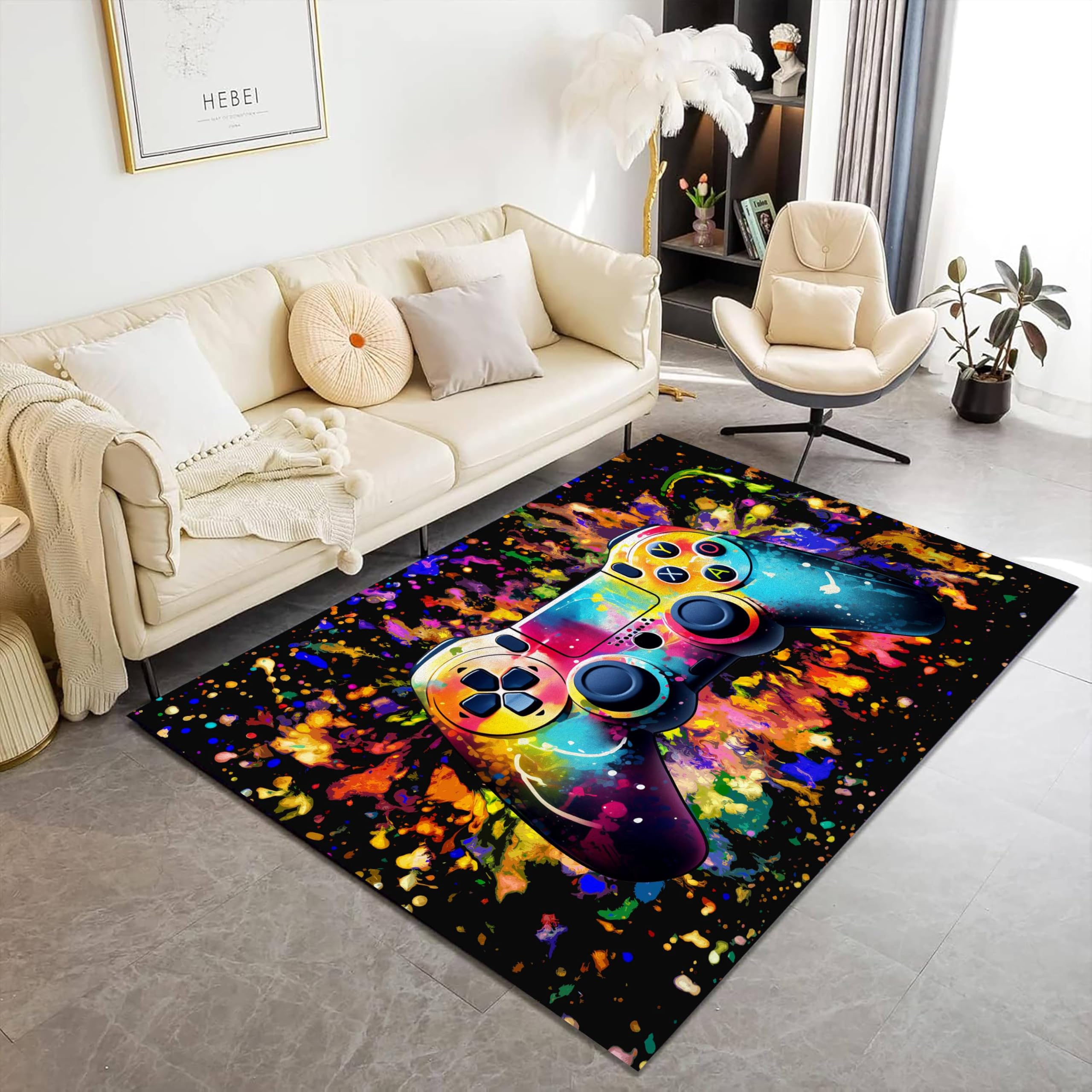 Carpet Bedroom Modern Gamer 3D Controller Teenage Child Boy Living Room Rug Non-slip Graffiti Game Console Decoration Carpet Black Purple Bleu Flannel Kid Play Crawl Big Rug (Color 2,80x160 Cm
