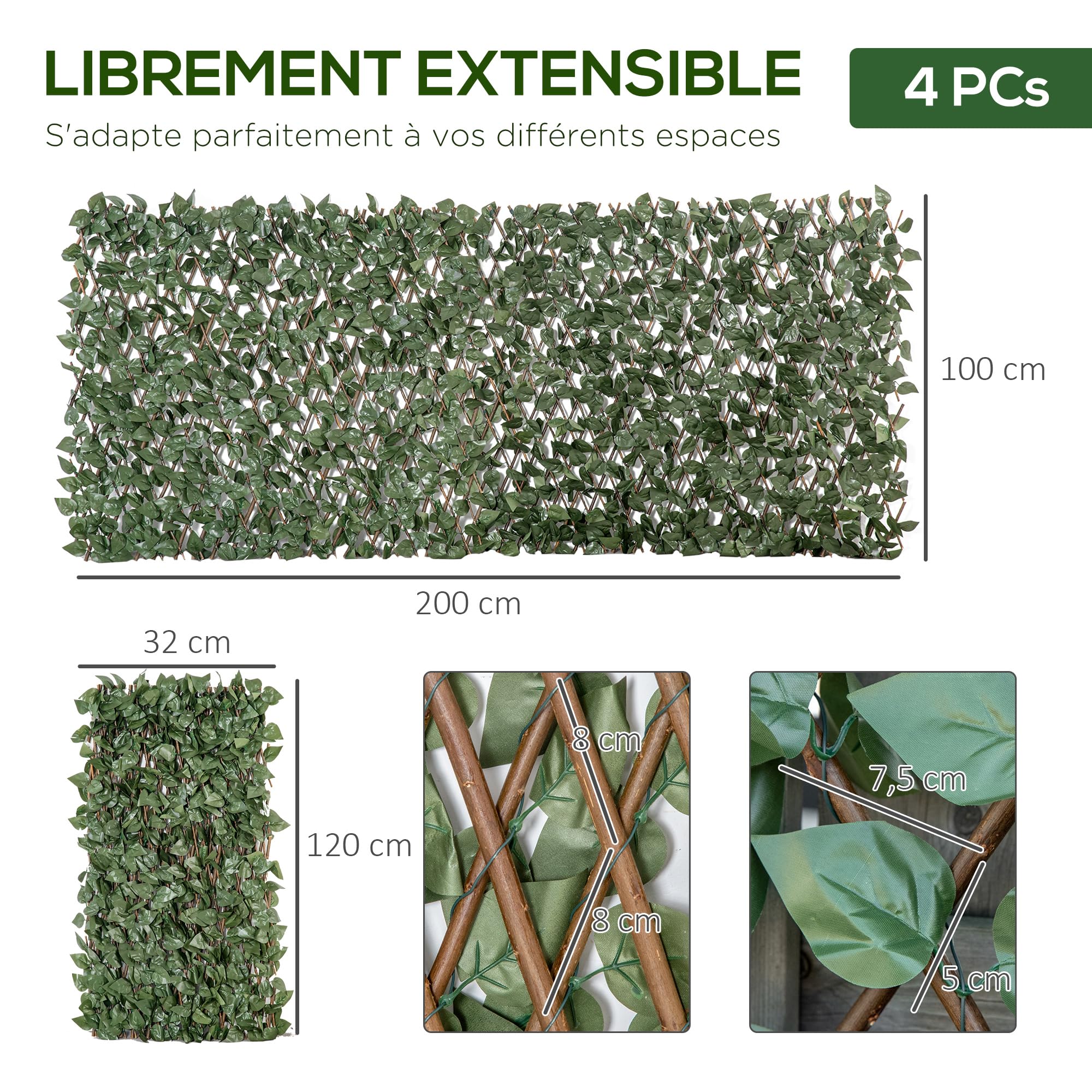 Outsunny Lot de 4 Haies Artificielles de Lierre, Feuilles Murale Brise-vue Extensible en Polyester Osier, Clôture Décorative Artificielle 200 x 100 cm pour Jardin Extérieur Balcon Terrasse, Vert
