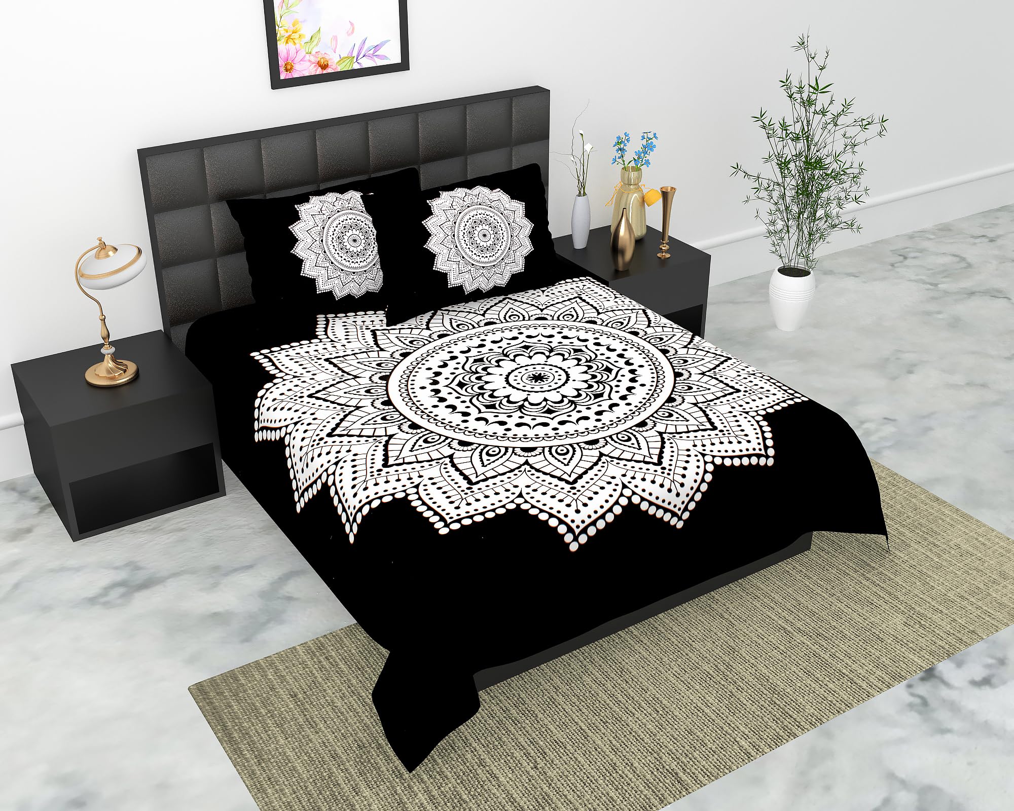 E ELMA 100% Cotton Rajasthani Traditional Jaipuri King Size Bedsheet for Double Bed with 2 Pillow Covers - 90x100_Fabric-Cotton93 Black