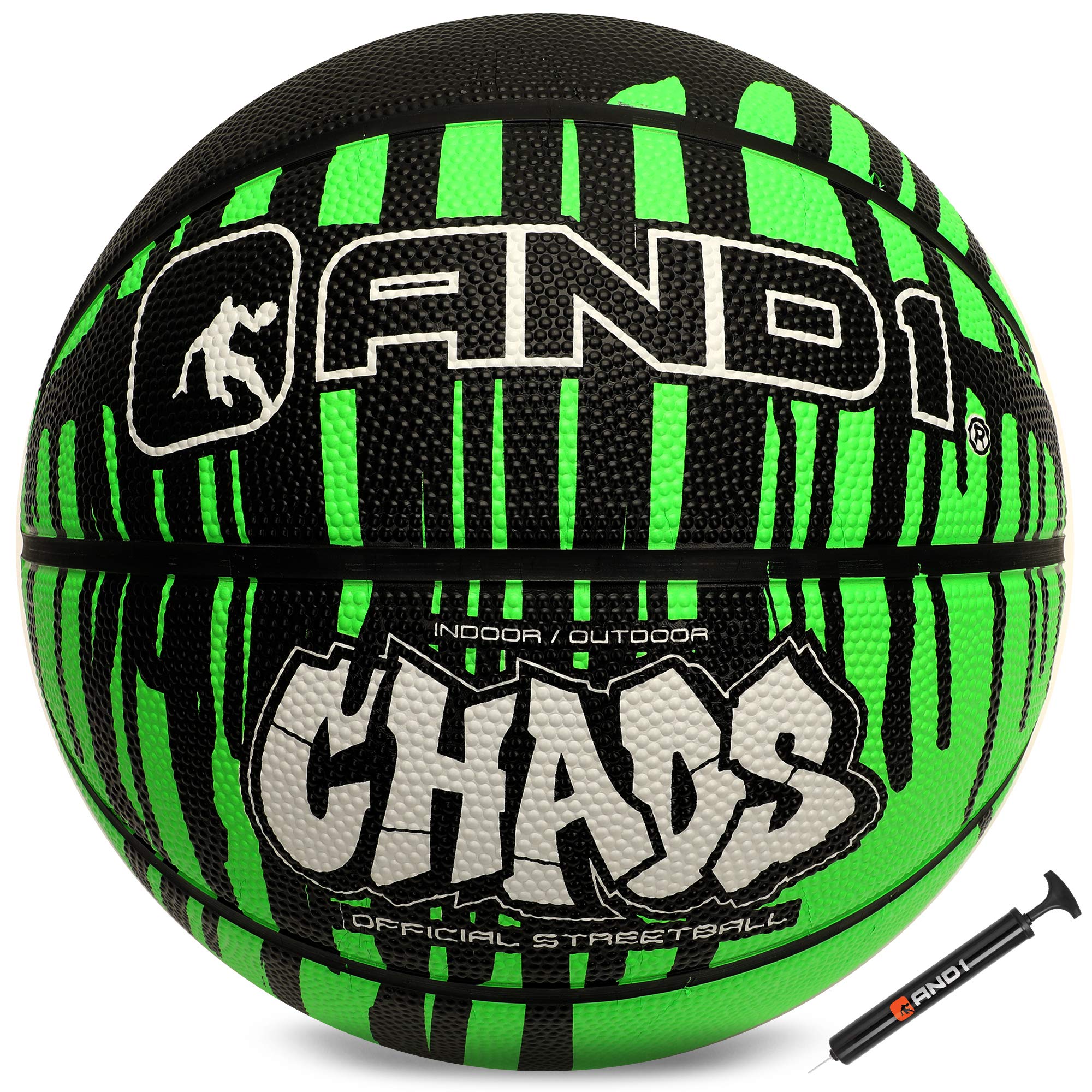 AND1 Chaos Basketball: Official Regulation Size 7 (29.5 inches) Rubber - Deep Channel Construction Streetball, Made for Indoor Outdoor Basketball Game Green Drip