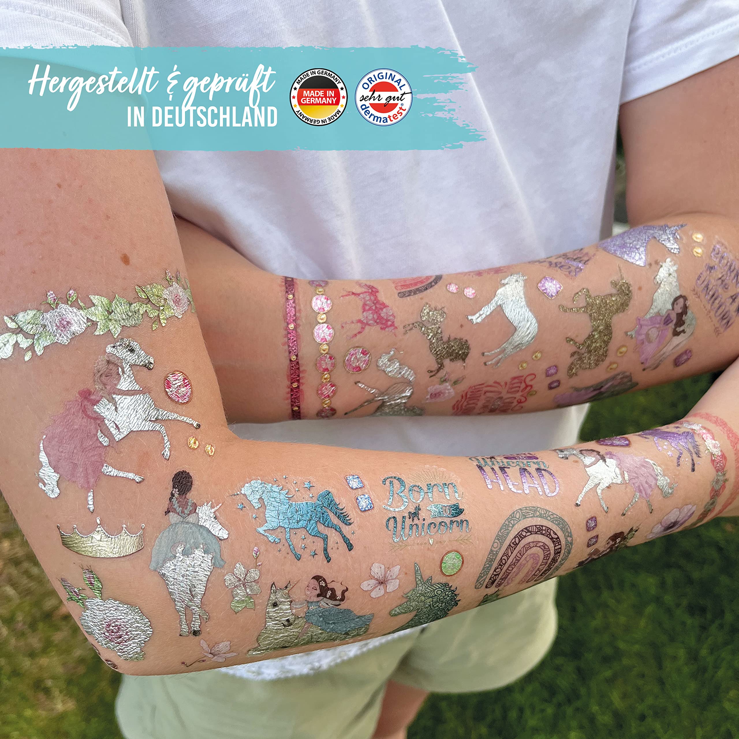 Papierdrachen 100 Tatouages Métalliques à Coller Pour Enfants - Licornes Scintillantes - Cadeau Anniversaire Idéal - Vegan & Fabriqué En Allemagne