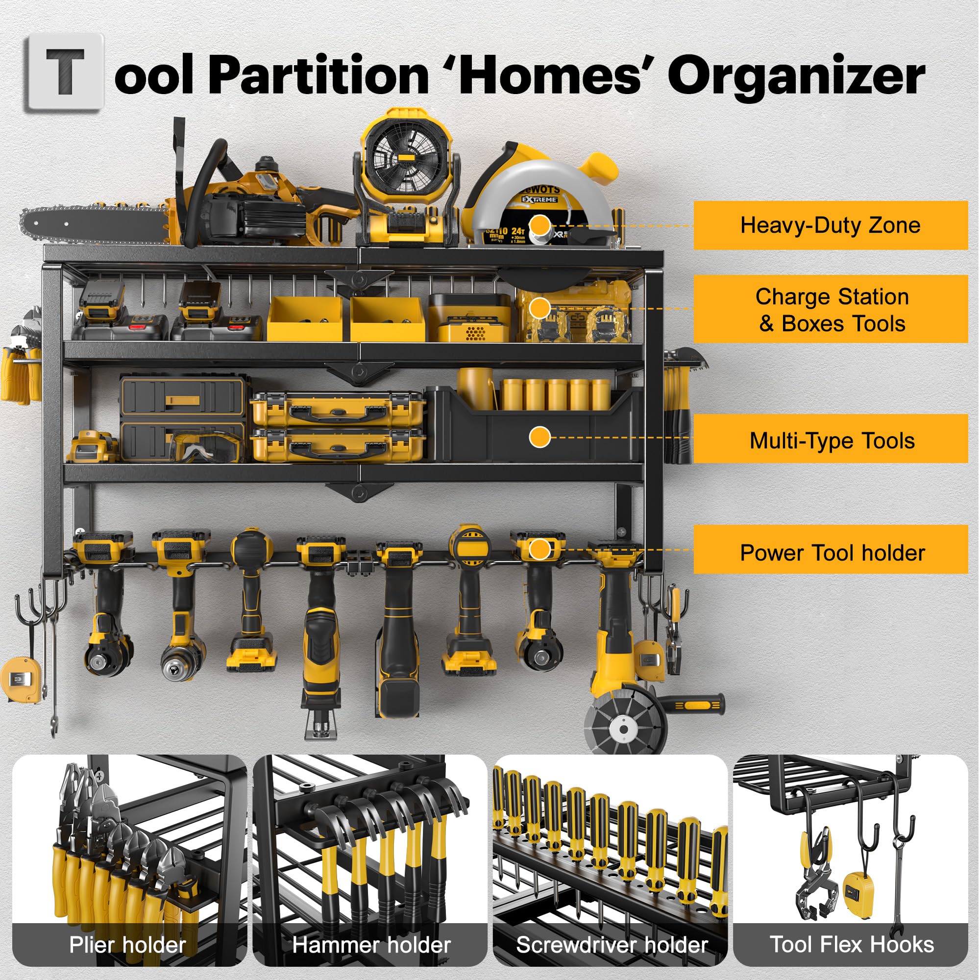 Organisateur d'outils électriques 8 supports de perceuse, support mural, support de stockage d'outils électriques en métal robuste à 4 couches, organisateur d'outils de garage