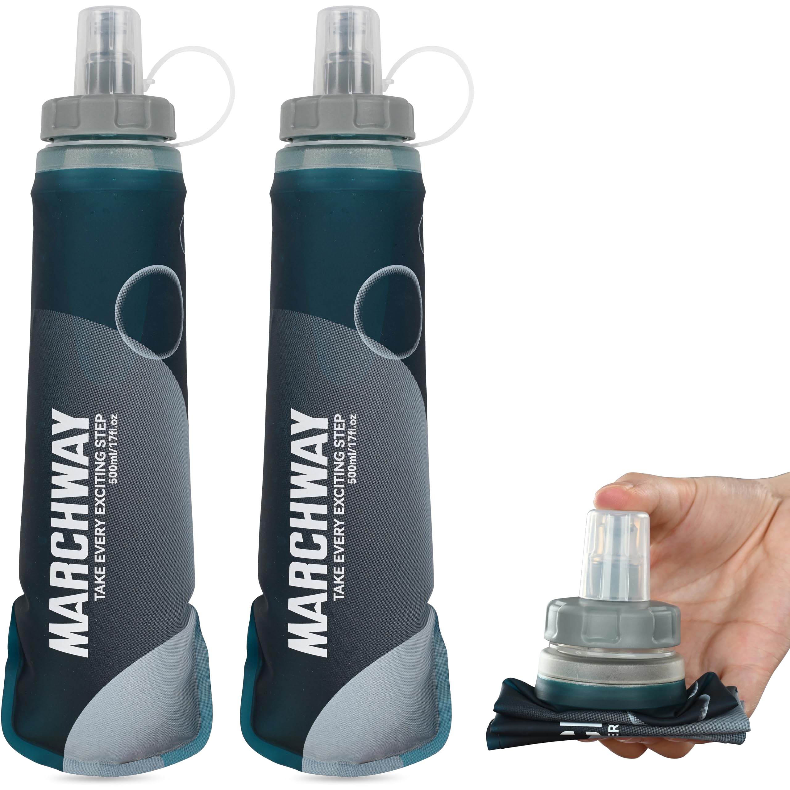 MARCHWAY Soft Hydration Flask with Wide Mouth, 300ml/500ml Collapsible TPU Water Bottle, Leakproof Portable Flexible for Running, Hiking, Cycling, Climbing, Gym, Travel (2pcs Blackish Green 500ml)