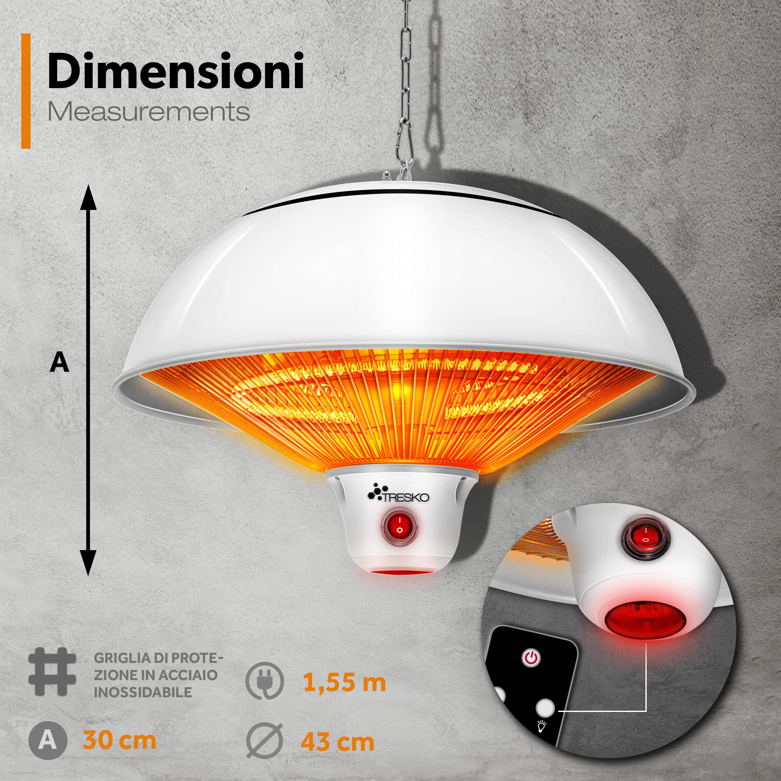 TRESKO Riscaldatore ad infrarossi per soffitto 1500W | Riscaldatore elettrico | Riscaldatore per patio per interni ed esterni | Stufa Elettrica Terrazza (Bianco)