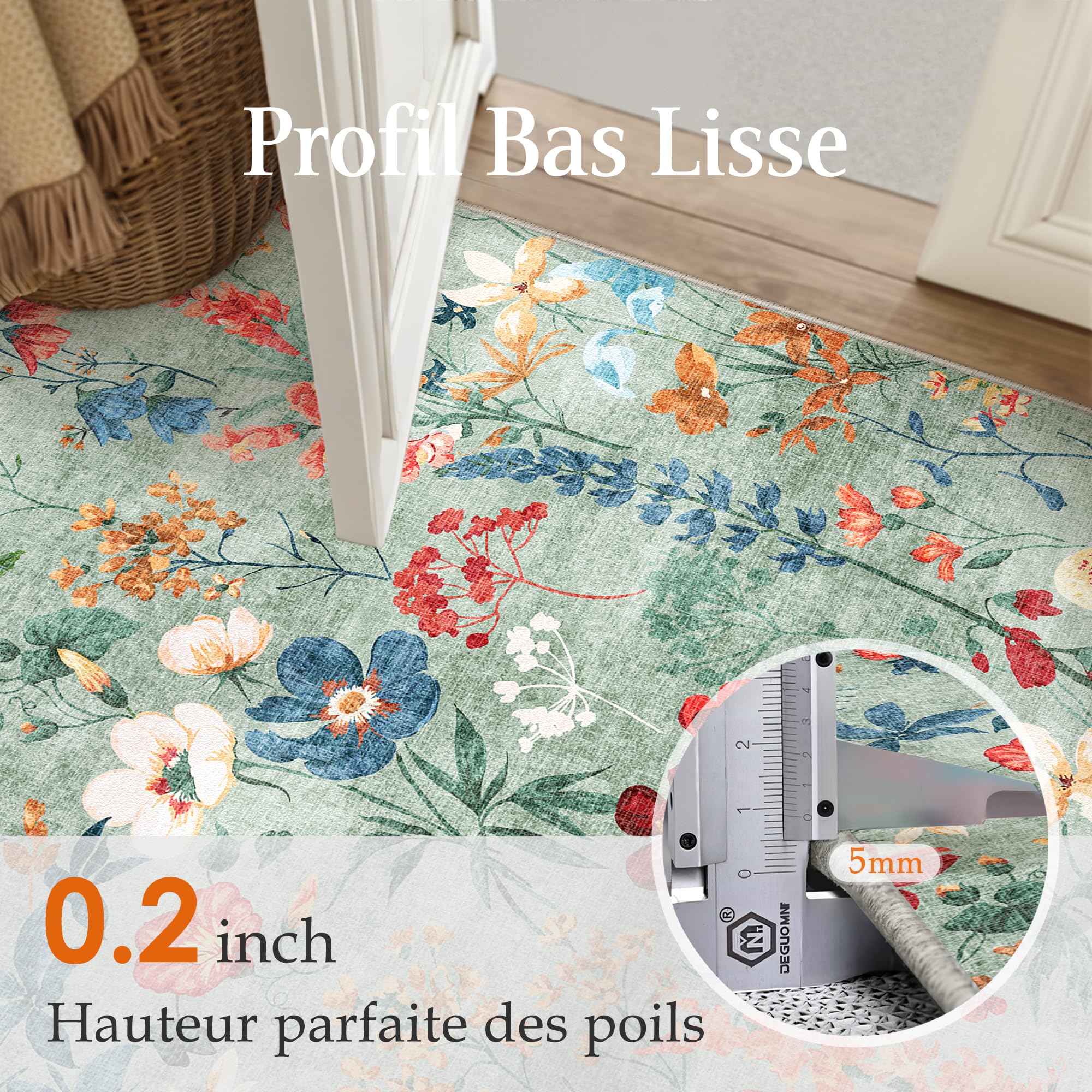 HUGEAR Vert Tapis Salon 200x300cm Floral Chambre Lavable en Machine Antidérapant Boheme Naturel Fleur Grand Carpet Bureau Salle a Manger Doux Poil Ras Rug