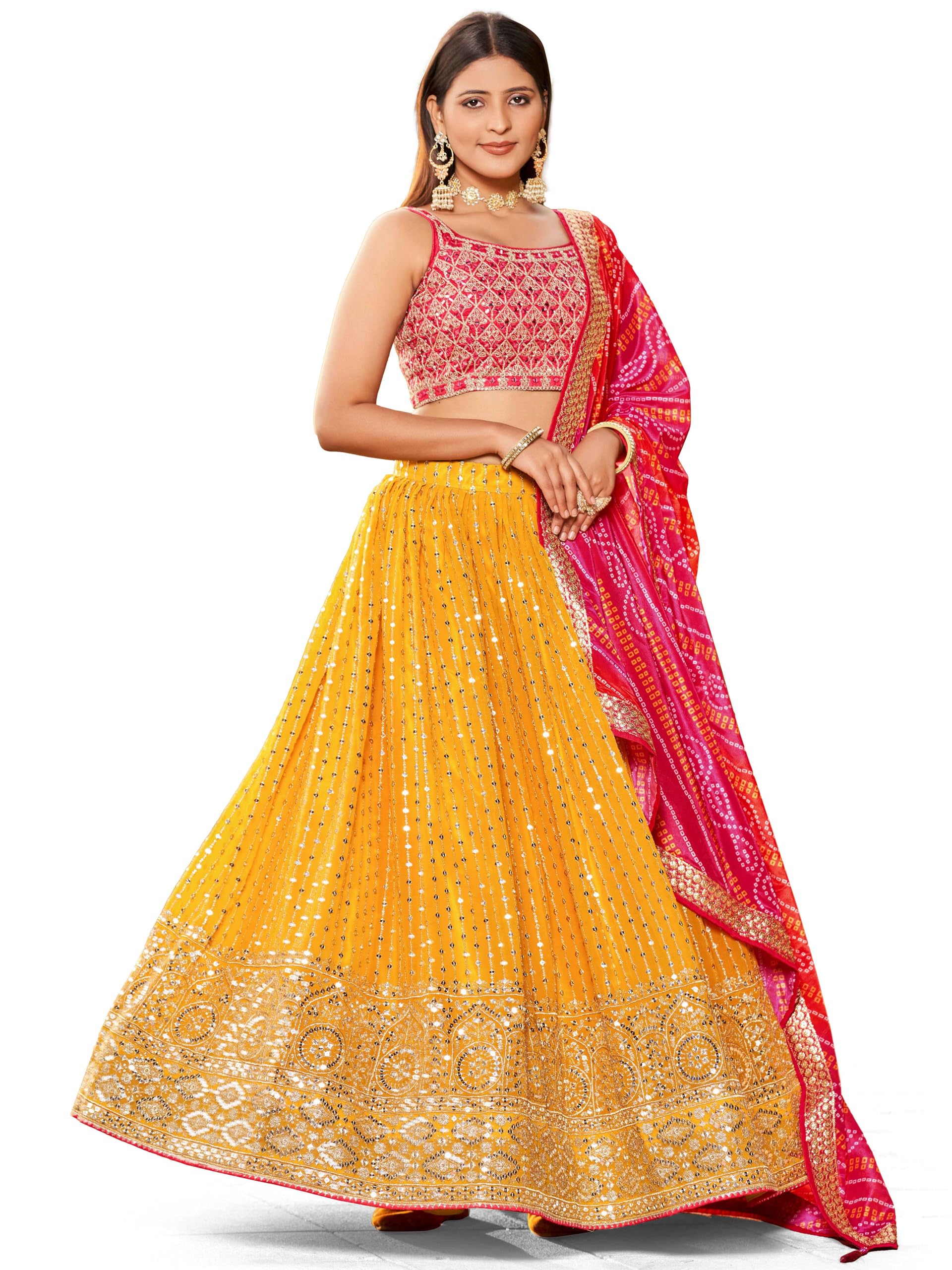 zeel clothing Women's Real Mirror Work Georgette New Semi-Stitched Lehenga Choli With Dupatta (5077-Yellow-Pink-Wedding-Designer-New; Free Size)-picture-44