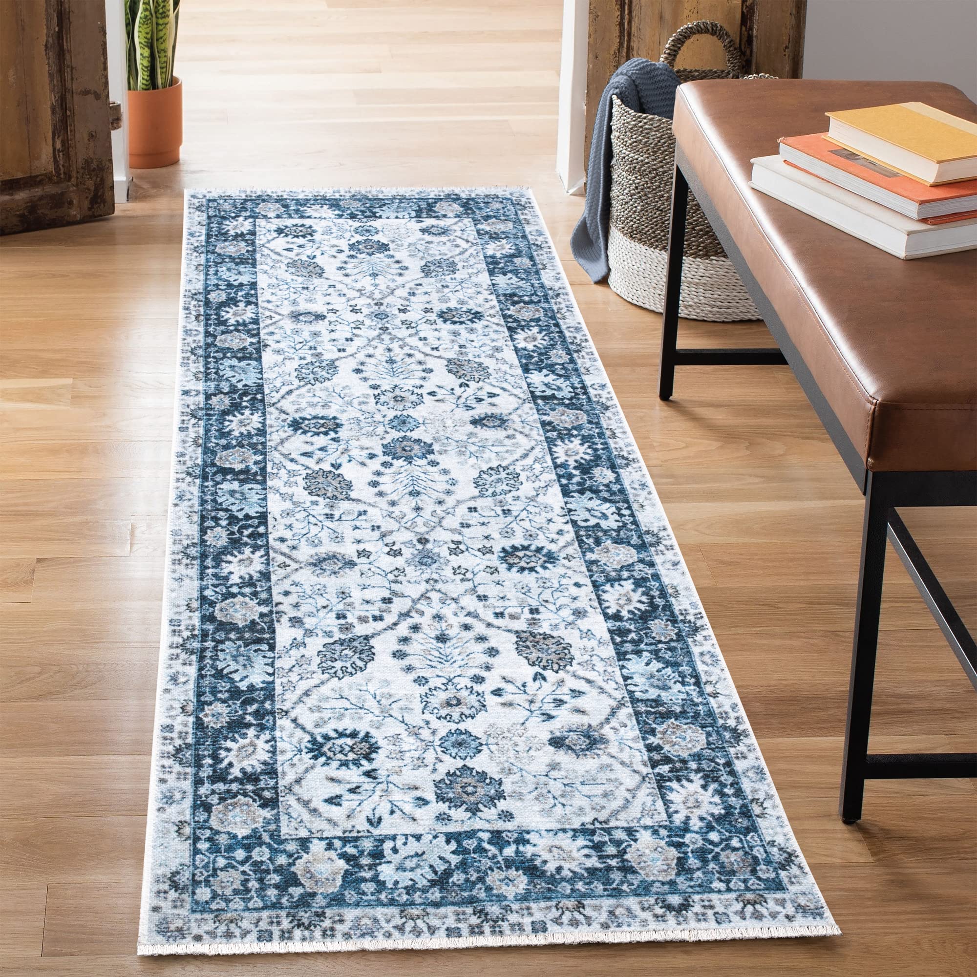 Bloom Rugs Caria Washable Non-Slip 10 ft Runner - Navy Blue Traditional Bordered Runner for Entryway, Hallway, Bathroom, and Kitchen - Exact Size: 2'6