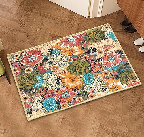 Miniatura 3 de keensoft Alfombra de área floral colorida de 2 x 3 pies, tapete retro de flores bohemias, antideslizantes, lavables a máquina, alfombras pequeñas,