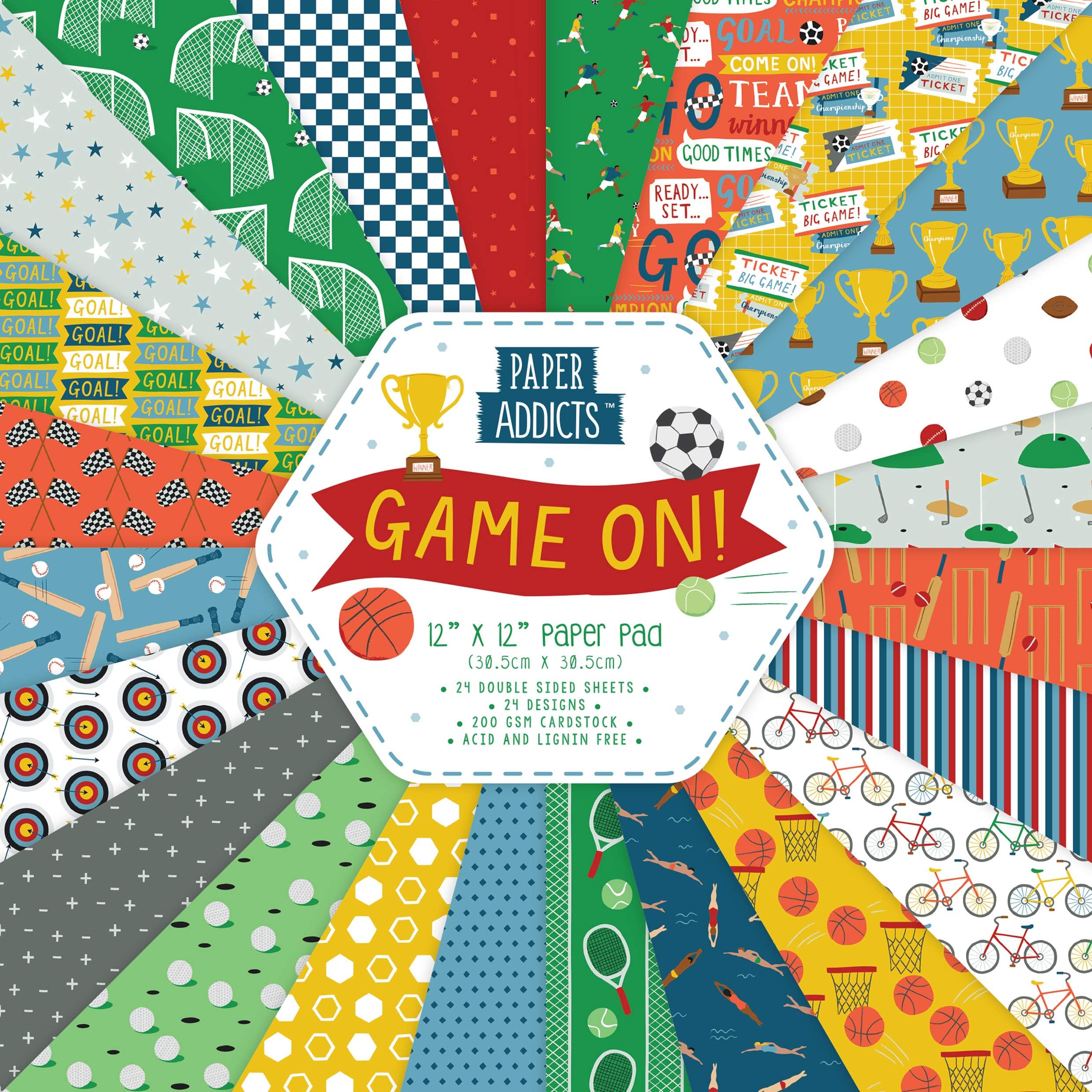 Paper Addicts Game On 12"x12" Pad-24 Designs-Doubled Sided Papers-200GSM-Acid & Lignin Free-for Card Making, Papercraft, Scrapbooking, Die Cutting and Home Décor, Multicolour, 12" x 12" Paper Pad