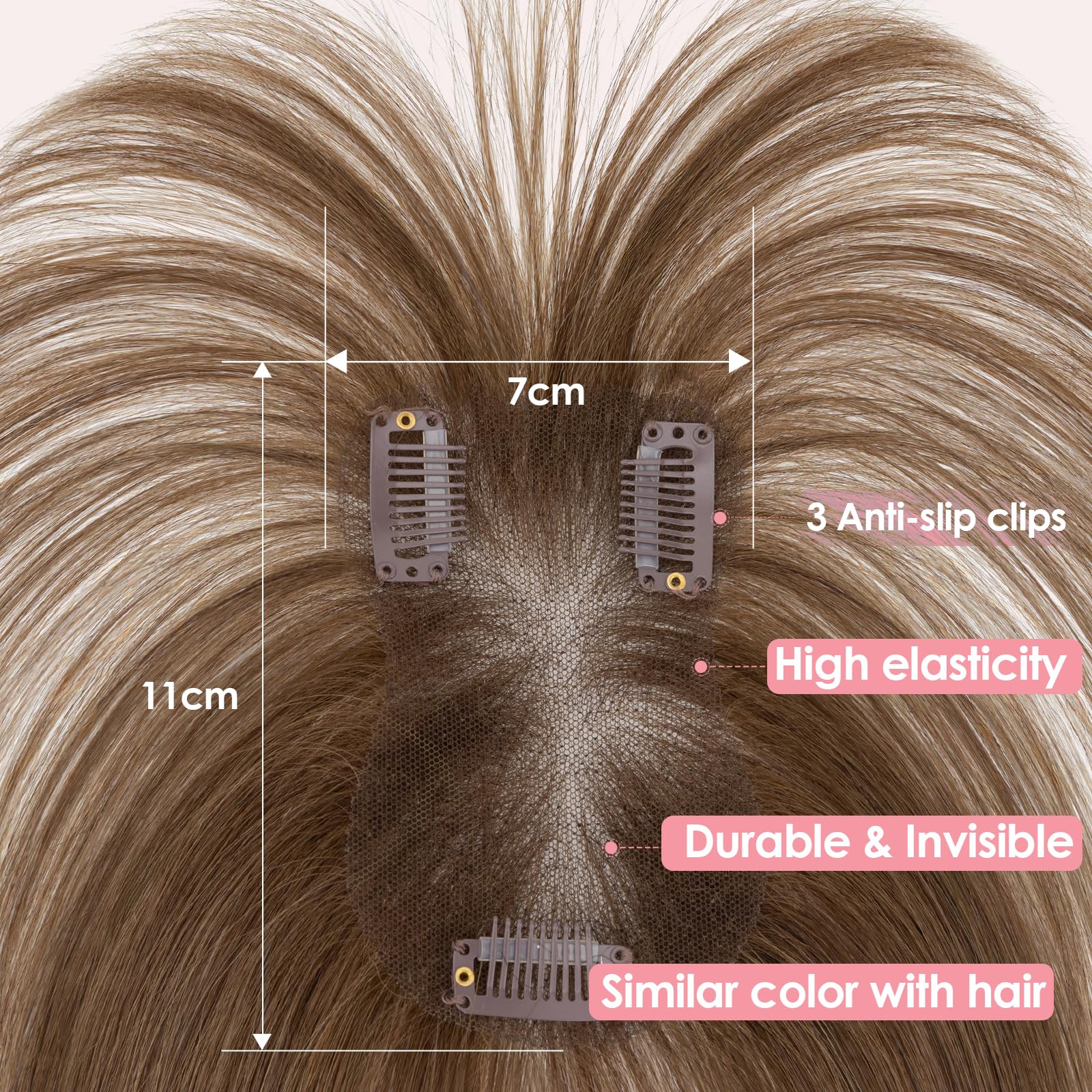 S-noilite Hair Toppers for Women Human Hair with Air Bangs - 7x11cm Hand-stitched Base 360° 3D Coverage Natural 14g (Medium Brown #4) - Image 4