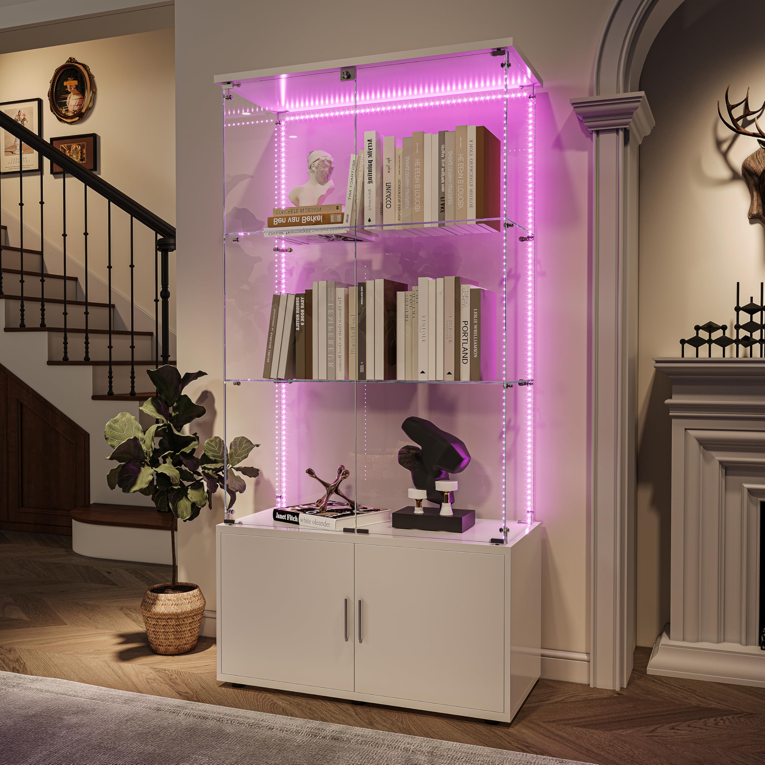 Vetrina in vetro con LED,Vetrina in vetro temperato,3 strati di vetro,a 2 porte e lucchetto,vetrine per figure armadio,per soggiorno,ufficio,oggetti da collezione (Bianco +LED 2, 3 piani +armadietti)