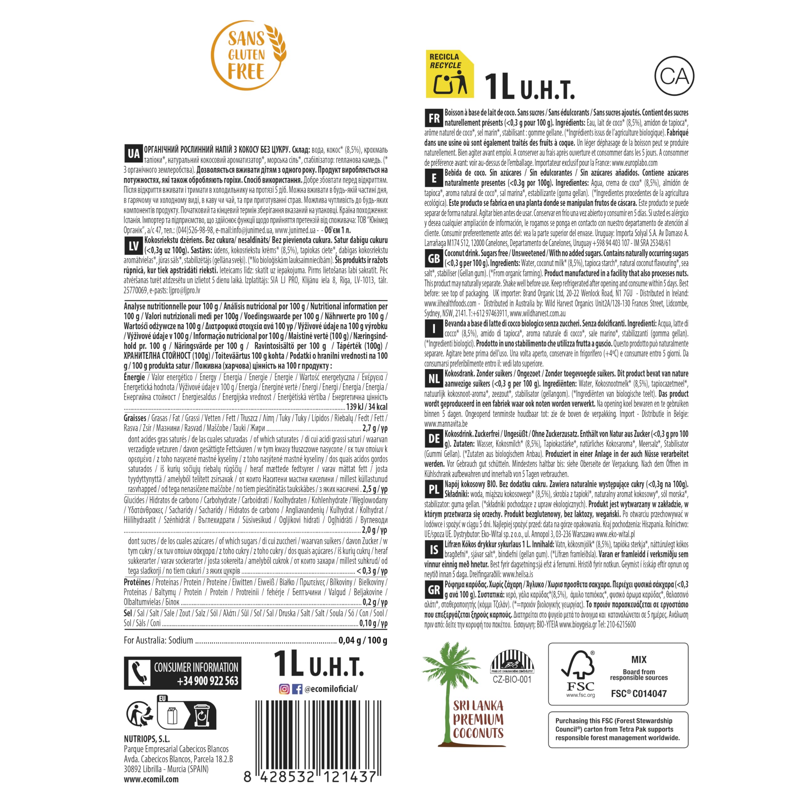 ECOMIL Coconut Nature Bio Bebida Vegetal De Coco Sin Azúcar Producto Ecológico 1000 Mililitro