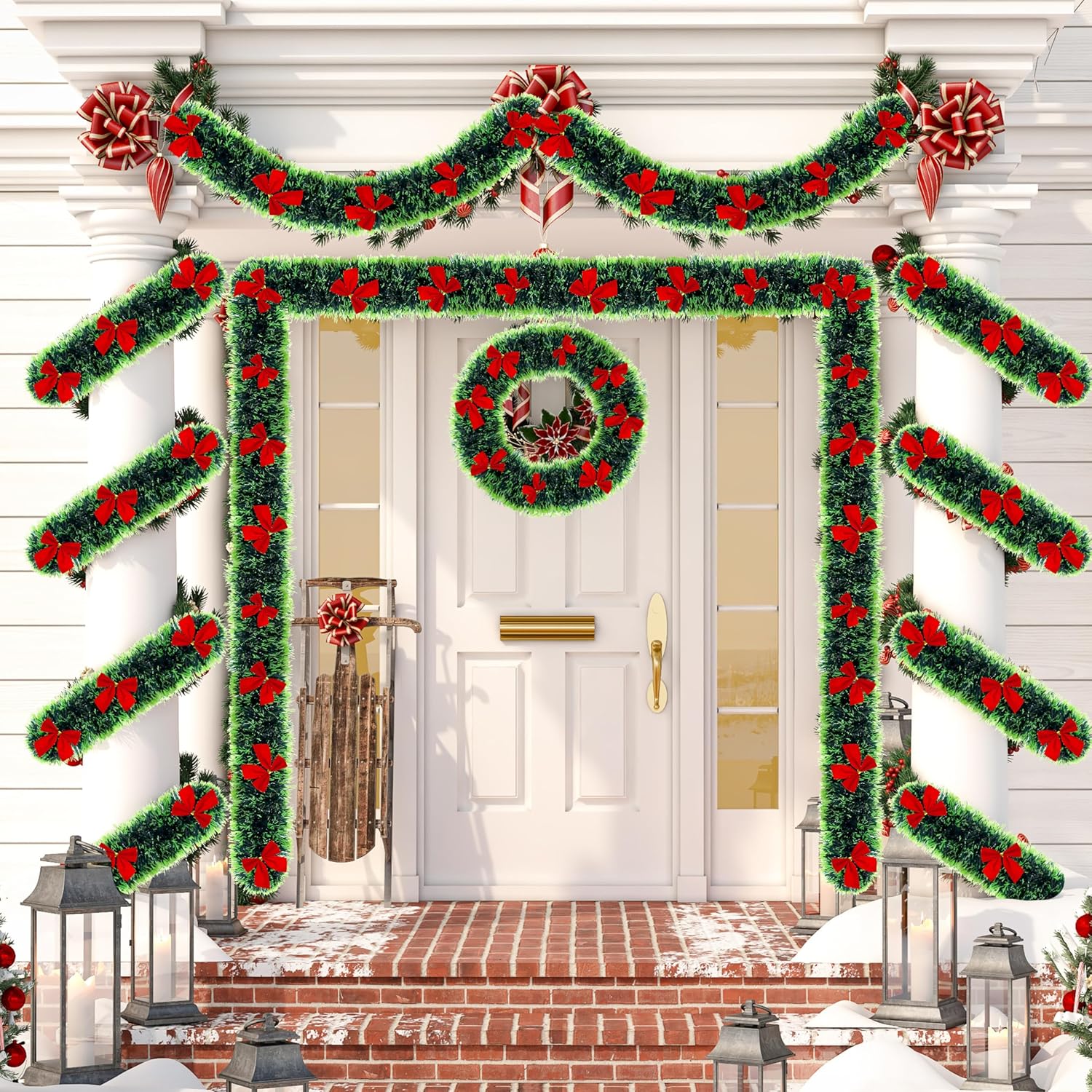 50Ft Christmas Tinsel Garland, Metallic Christmas Tree Garland with 40 Red Bows, Hanging Holiday Streamers Decorations for Xmas Holiday Wreaths Indoor Outdoor Party Supplies