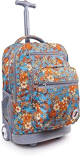 J World New York Sundance Rolling Backpack Girl Boy Roller Bookbag, Retro Bloom, 20 Inch