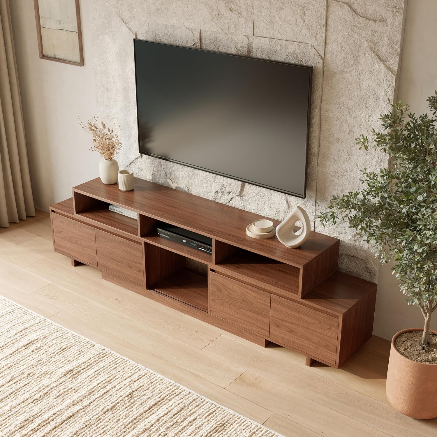 Extendable TV Stand for 65-100 Inches TVs - Walnut Entertainment Console with 2 Cabinets, 3 Open Compartments & 1 Adjustable Shelf, Cable Management, Adjustable Length 63''-94.5'' (Walnut, 63"-94.5")