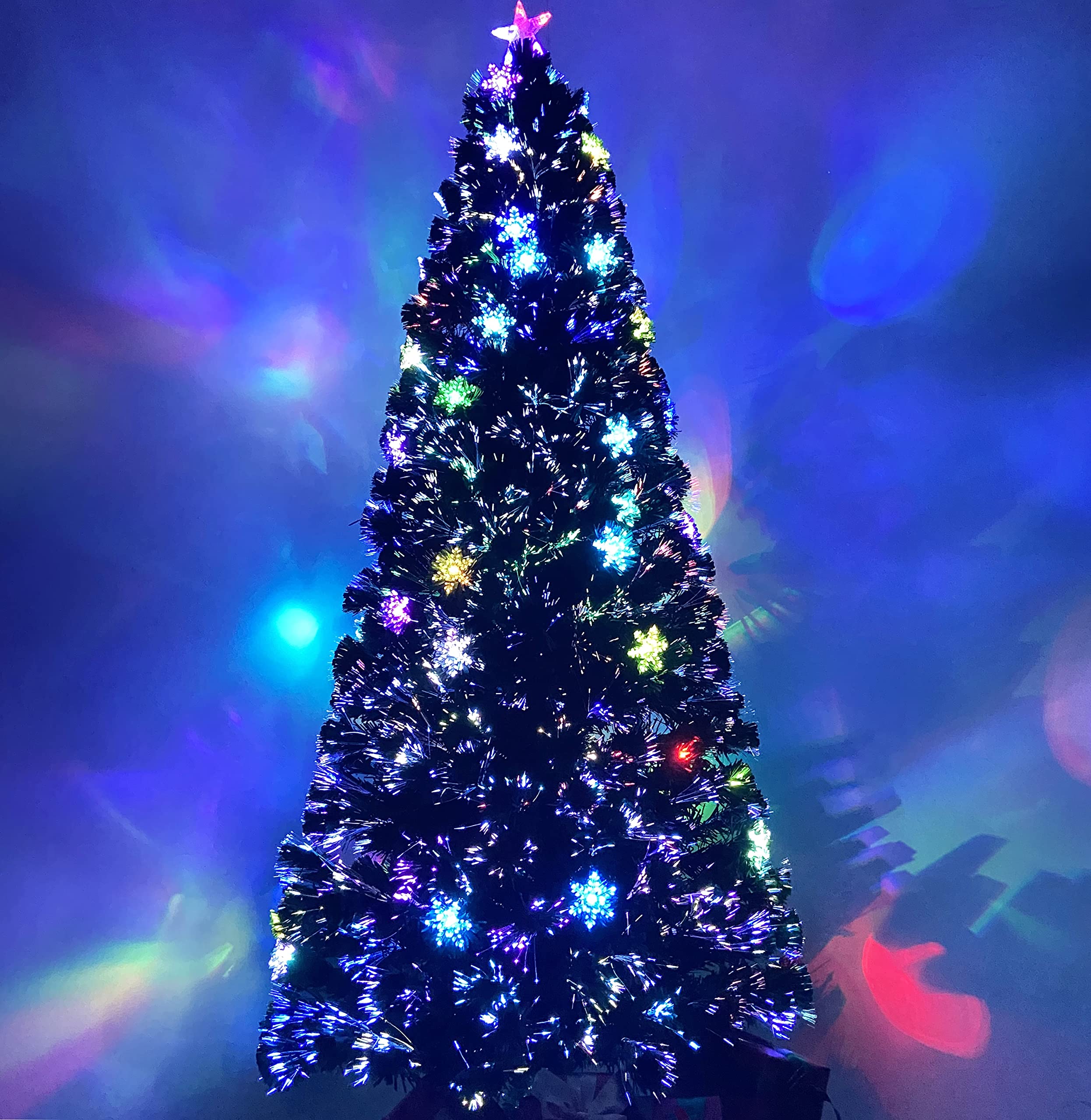 Asinse 6ft Fiber Optic Artificial Christmas Tree, with Transparent Snowflakes, Pre-Lit Green Xmas Tree with Blossom Effects, Top Star and Metal Stand (6FT/180CM, Type 1) — image 1