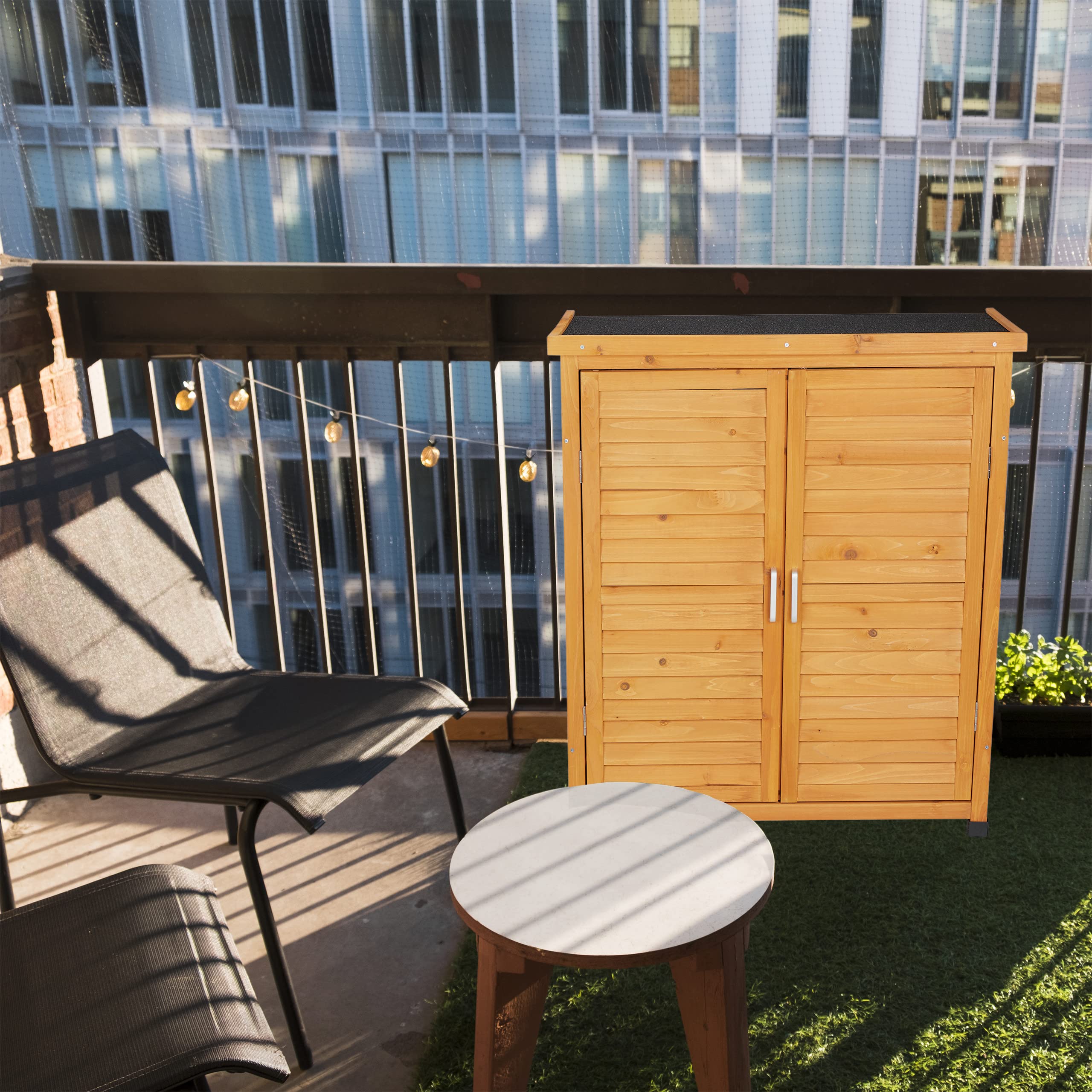Relaxdays Armario Exterior 3 Baldas, Cobertizo Techo Inclinado, 2 Puertas, Herramientas, Madera, 97x86,5x47cm, Natural