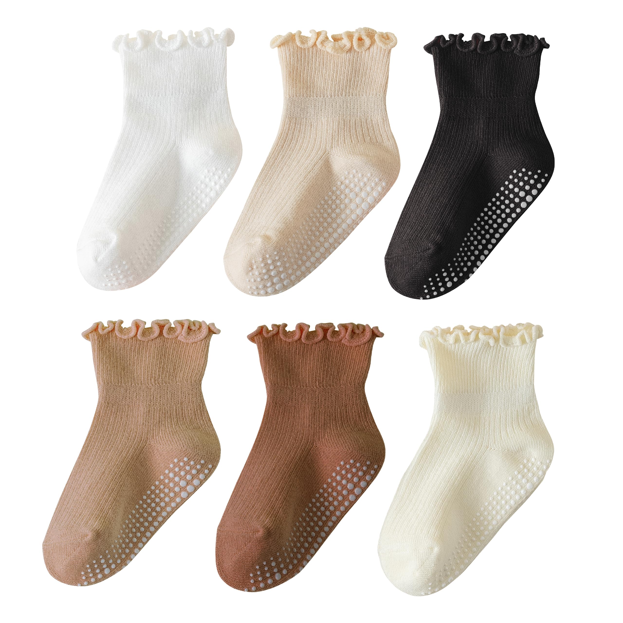 ANYANIME 6 Pairs Toddler Ruffle Socks for Girls Baby Grip Socks Non Slip Socks Cute Grippy Frilly Socks