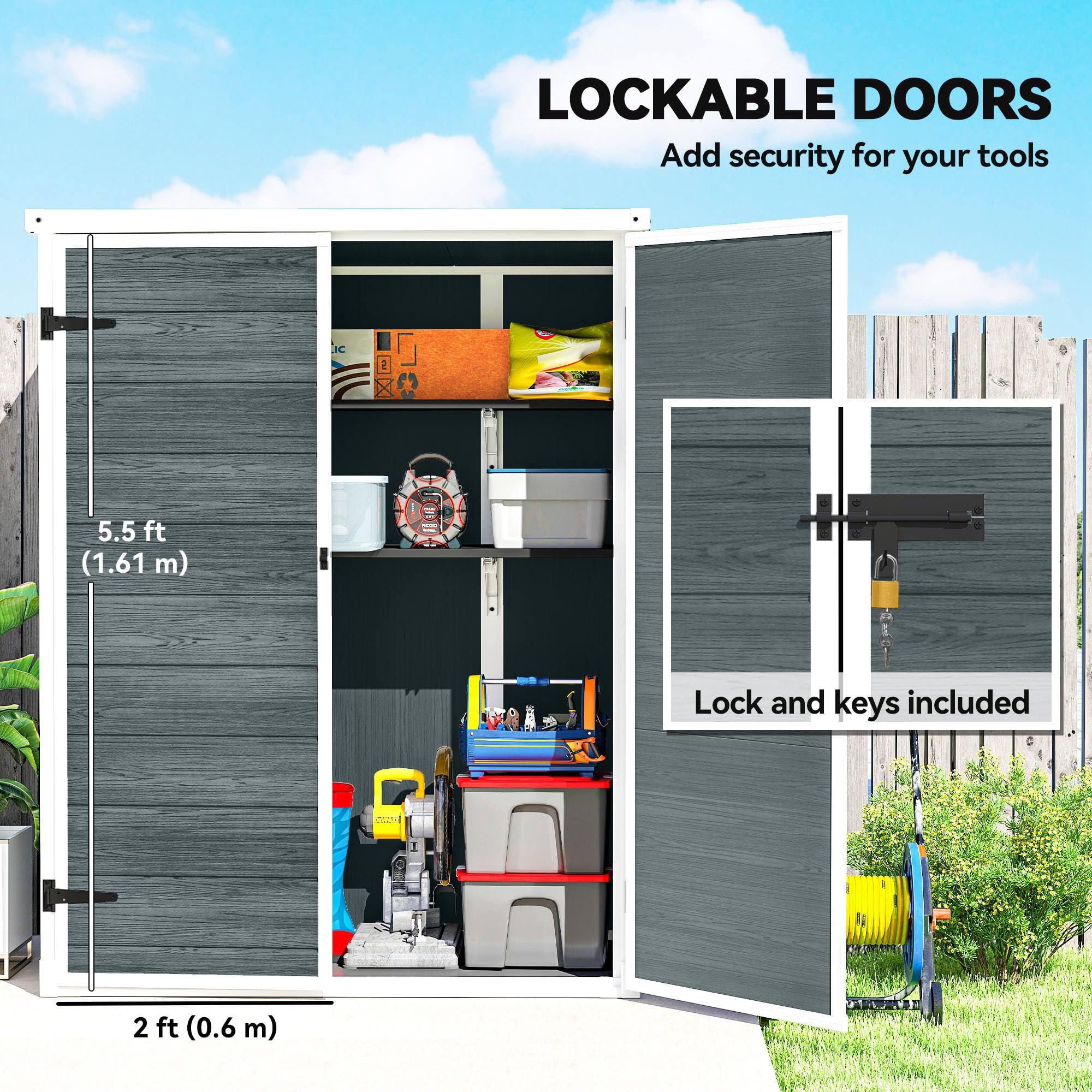 Outsunny 4.4' x 2.3' Plastic Garden Shed, Wood-Effect Outdoor Storage Shed with Floor, 2 Foldable Shelves and Lockable Double Doors for Backyard, Patio, Distressed Grey — view 5