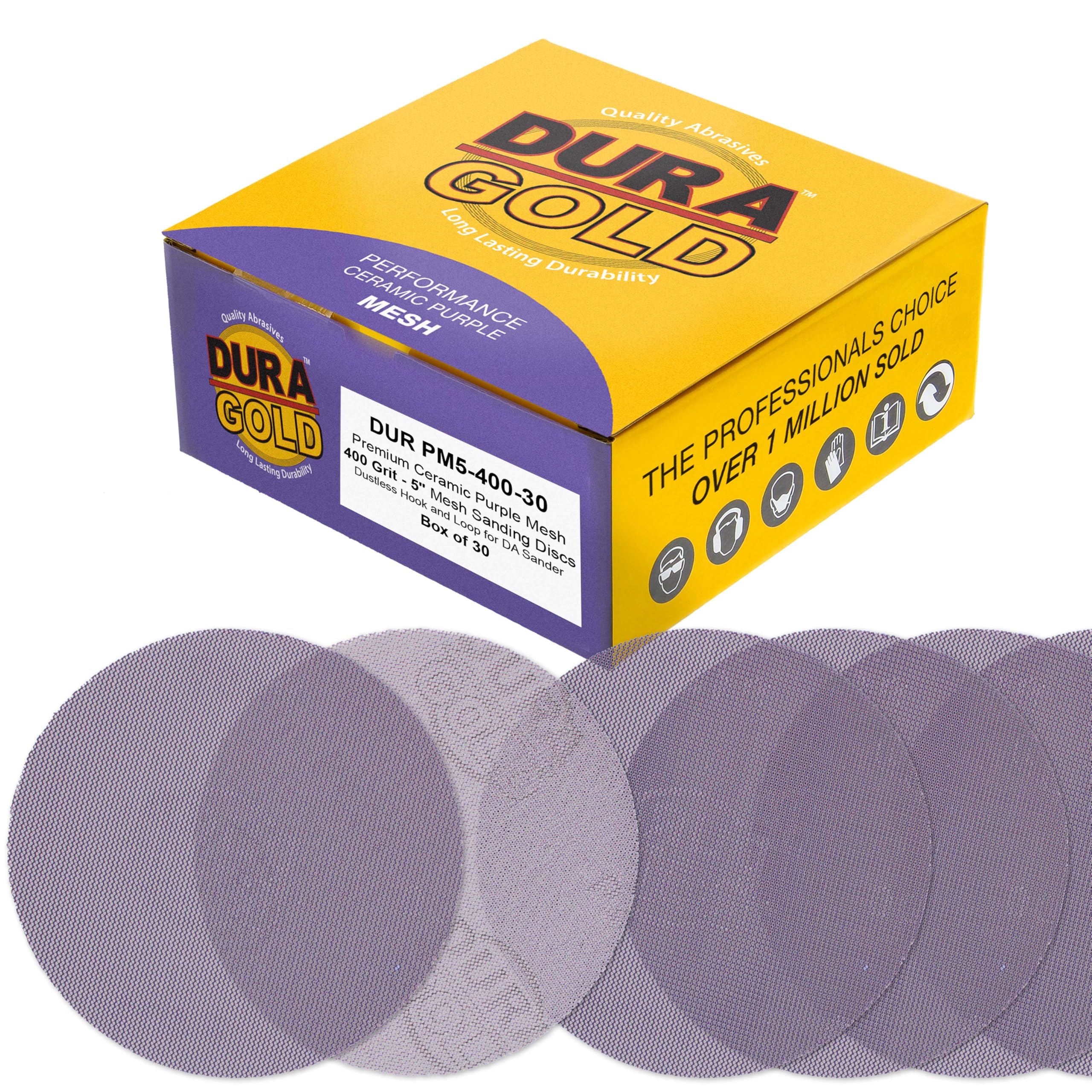 Dura-Gold Discos de lijado de malla de cerámica morada de grano 400 de 5 pulgadas, caja de 30 – Papel de lija sin polvo para lijadoras orbitales DA y aleatorias – Corte rápido de larga duración –