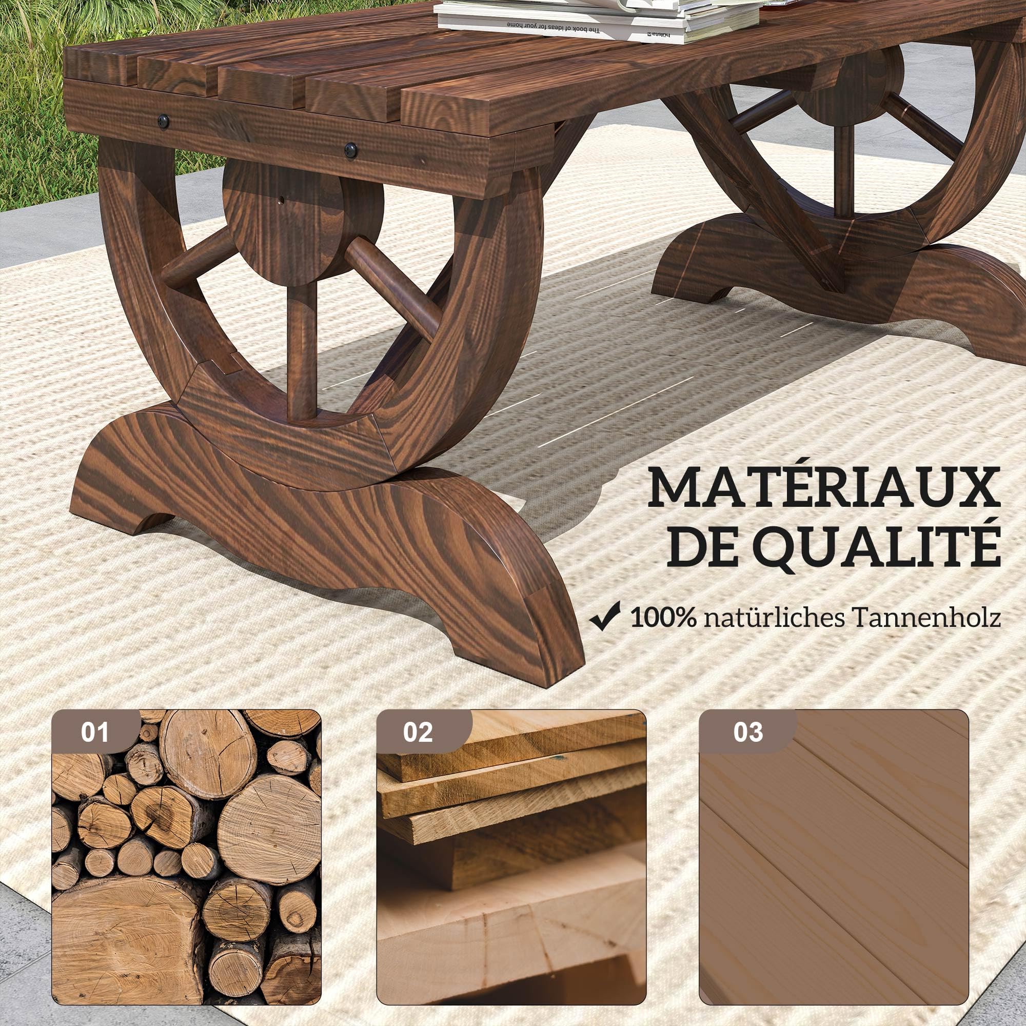 Outsunny Banc de Jardin Banc en Bois avec siège à Lattes, Roue décorative, Banquette de Jardin 2 Places Structure renforcée Stable, pour extérieur Patio terrasse Balcon arrière-Cour, Marron