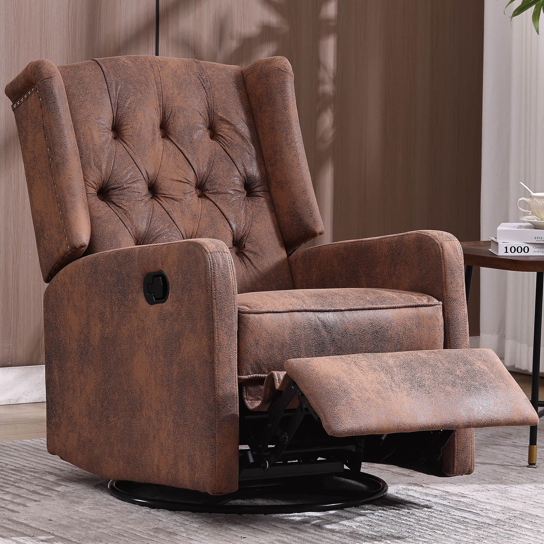 HRVEOCEI Glider Recliner Nursery Chair, Cozy Microsuede Rocking Chair Nursery Recliner with Adjustable Button Backrest and Footrest, Swivel Recliner